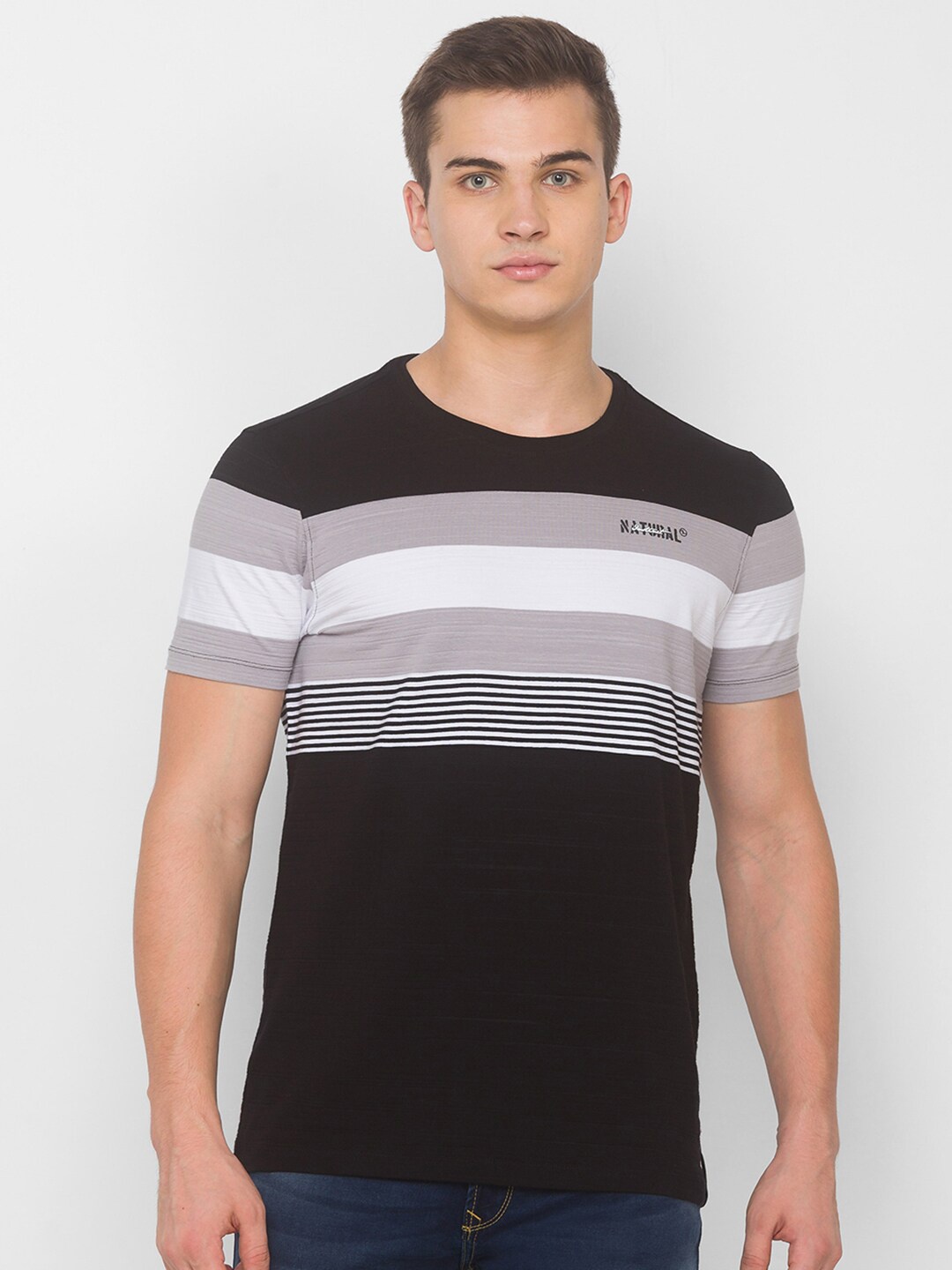 

SPYKAR Men Black & White Striped Slim Fit T-shirt