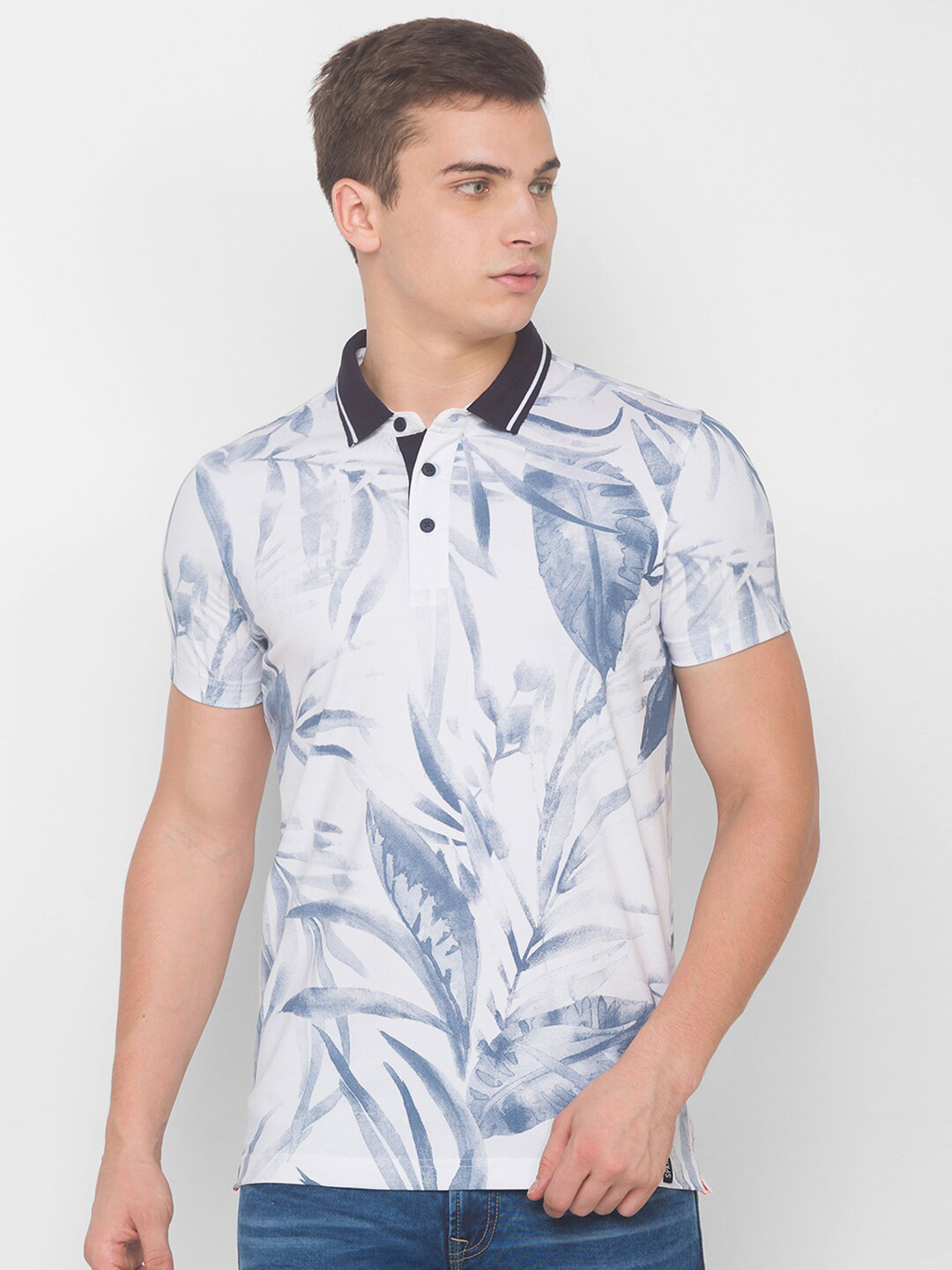 

SPYKAR Men White & Blue Printed Polo Collar Tropical Slim Fit T-shirt