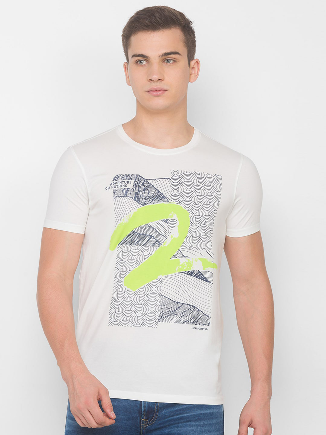 

SPYKAR Men White & Blue Printed Slim Fit Pure Cotton T-shirt