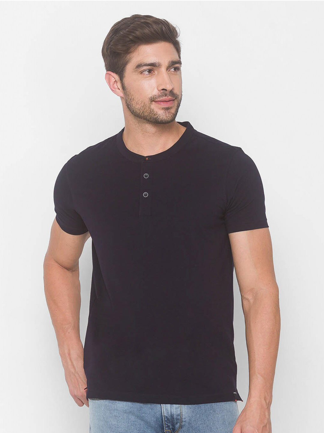

SPYKAR Men Navy Blue Henley Neck Slim Fit T-shirt