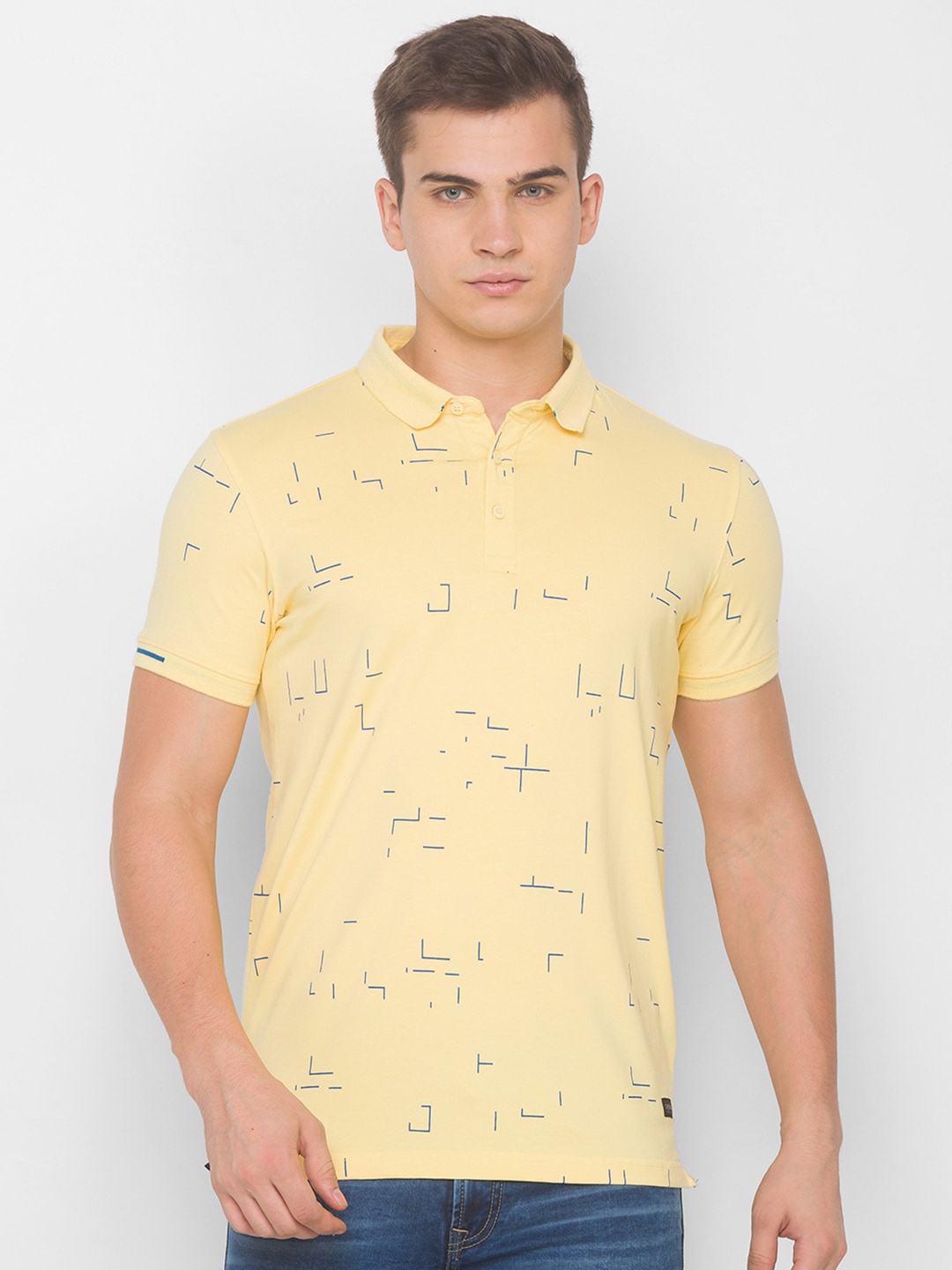 

SPYKAR Men Yellow & Blue Printed Polo Collar Slim Fit T-shirt