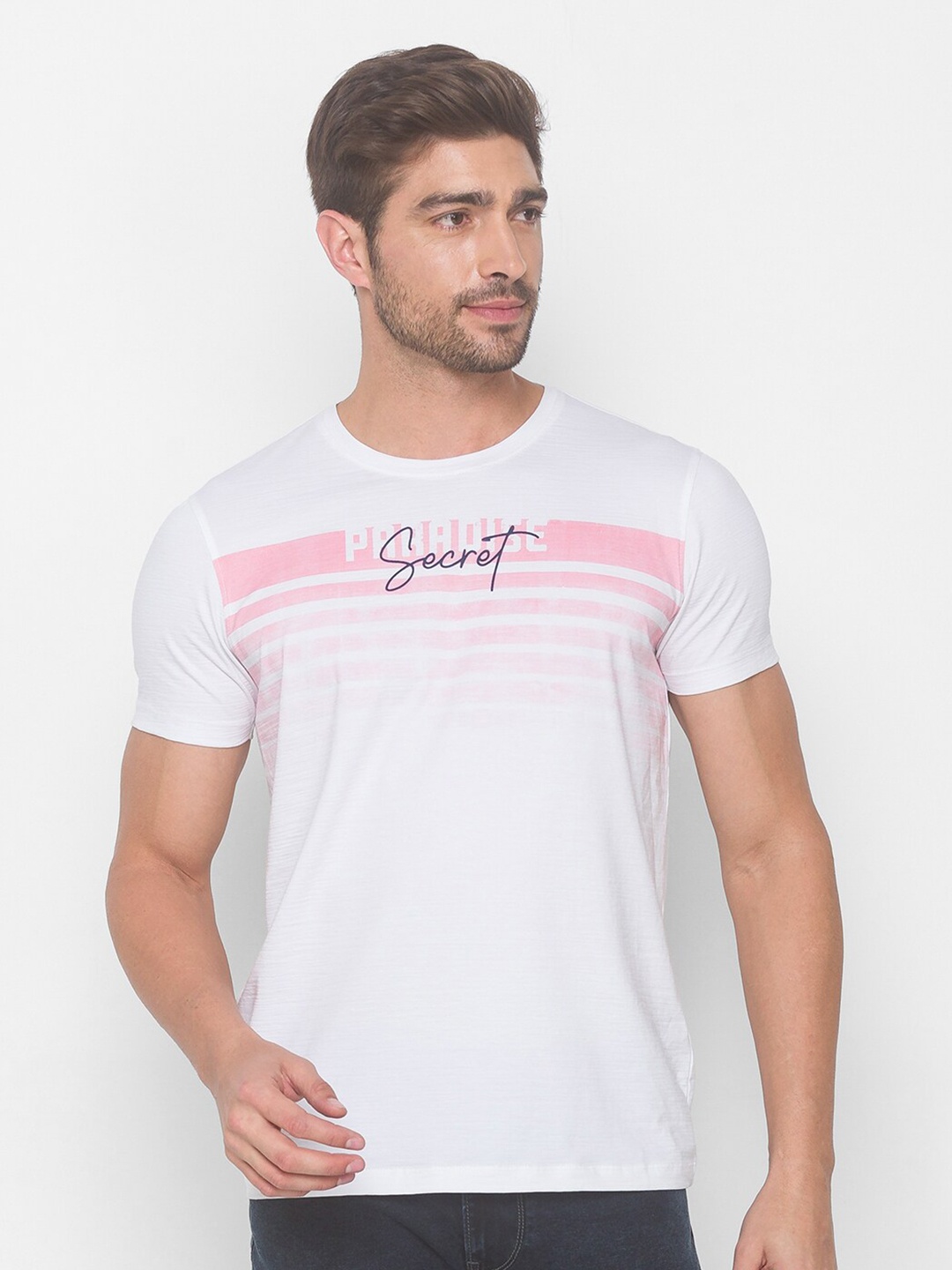 

SPYKAR Men White Typography Printed Polo Collar Pockets Slim Fit T-shirt