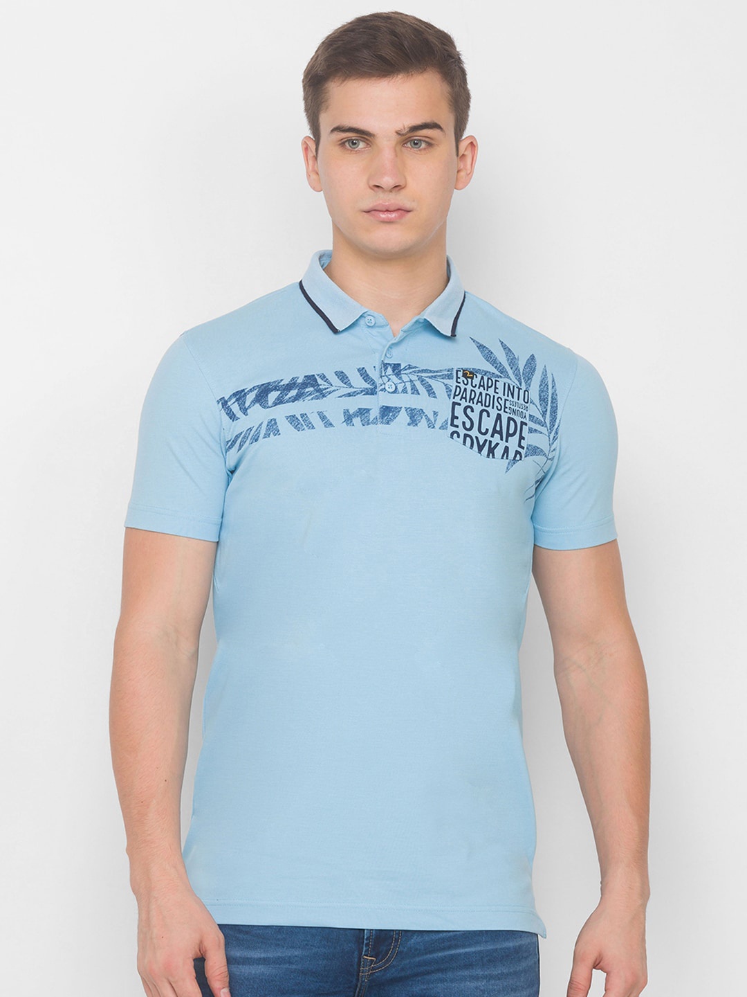 

SPYKAR Men Blue Typography Printed Polo Collar Slim Fit T-shirt