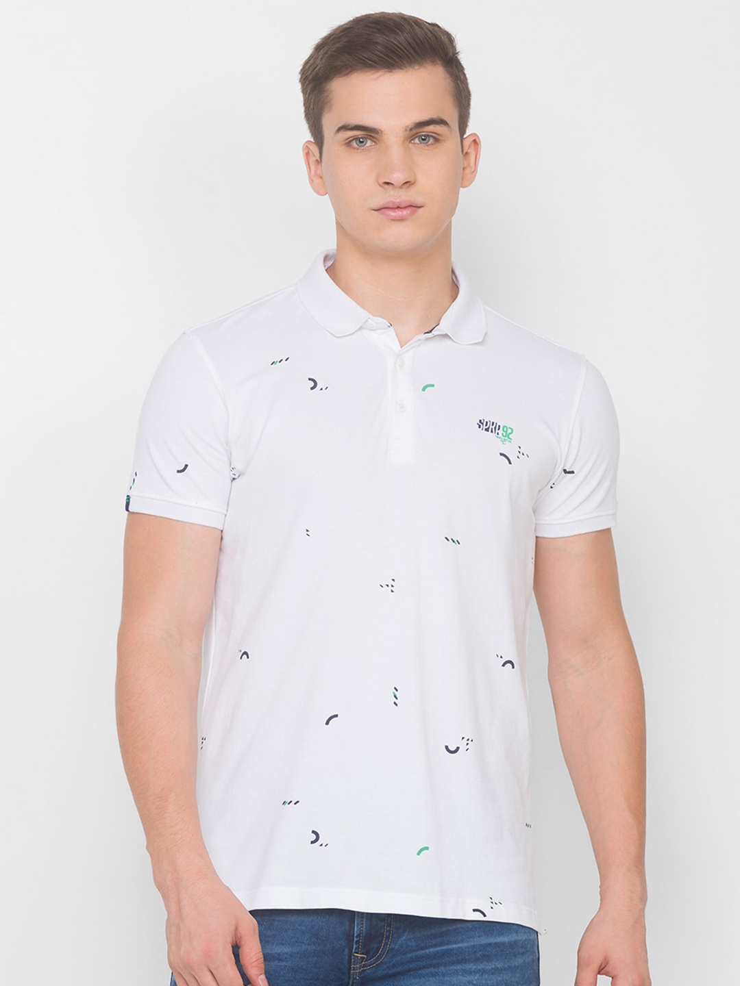 

SPYKAR Men White & Navy Blue Printed Polo Collar Slim Fit T-shirt
