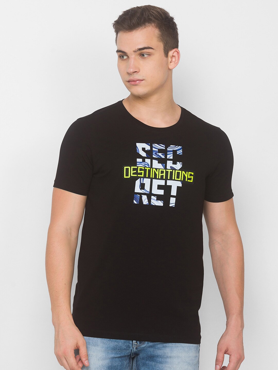 

SPYKAR Men Black & Blue Typography Printed Slim Fit T-shirt