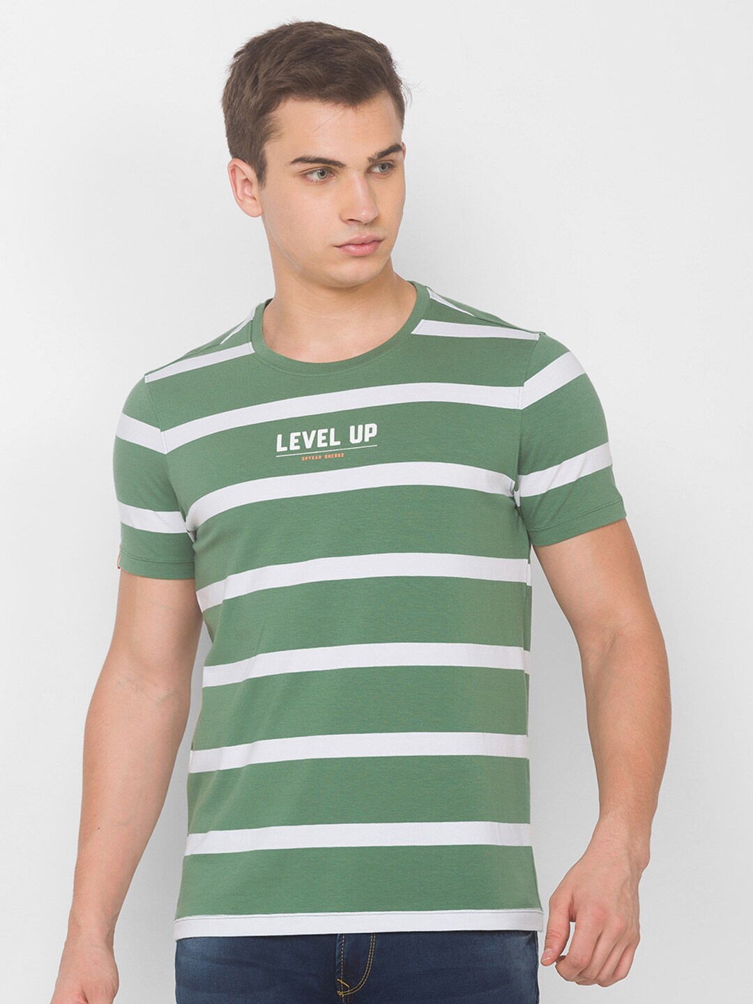 

SPYKAR Men Green & White Striped Slim Fit T-shirt