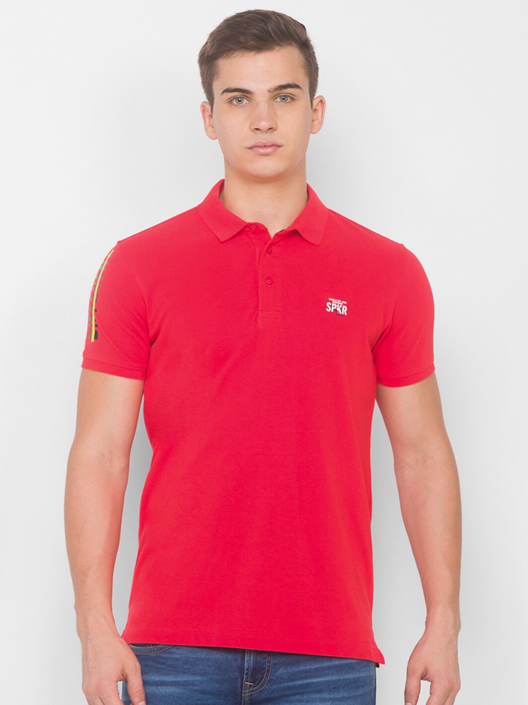 

SPYKAR Men Coral & Black Printed Polo Collar Slim Fit Pure Cotton T-shirt