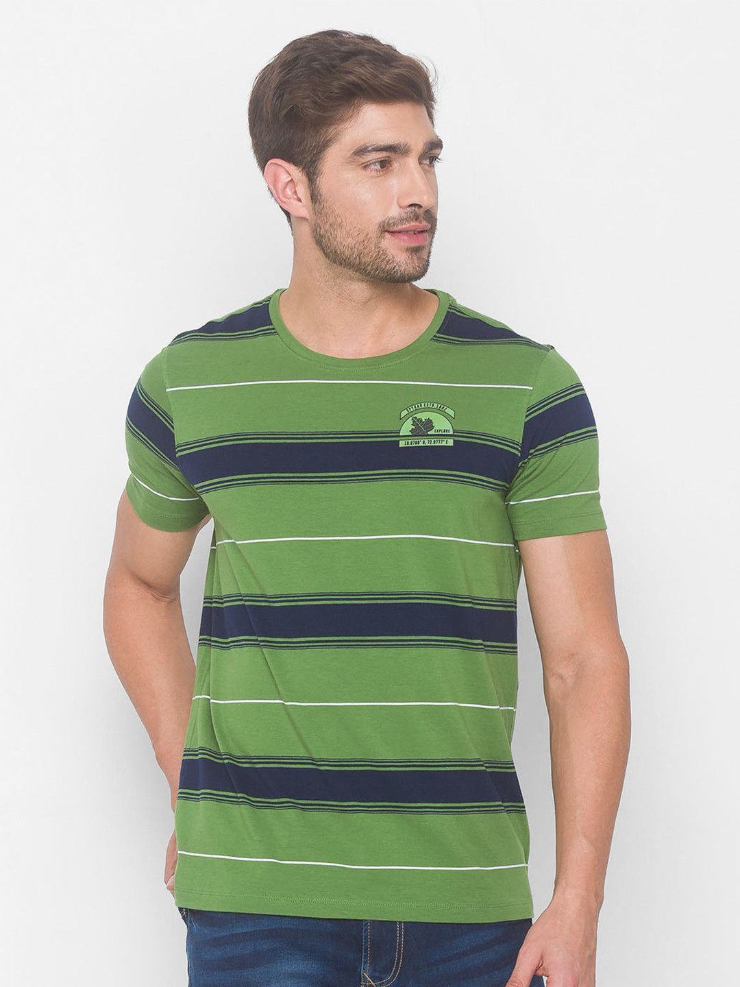 

SPYKAR Men Green Striped Applique Slim Fit T-shirt