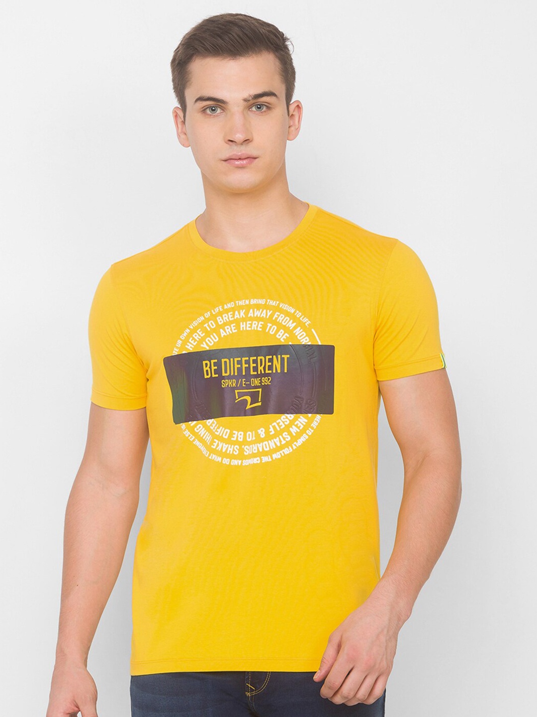 

SPYKAR Men Yellow Typography Printed Applique Slim Fit T-shirt