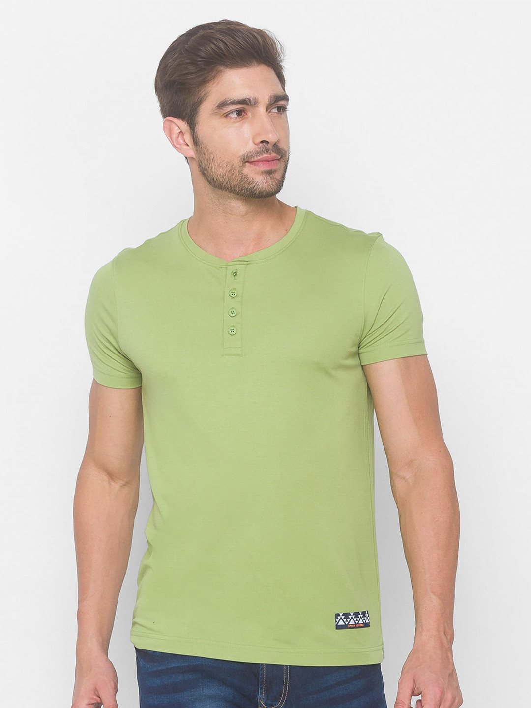

SPYKAR Men Green Henley Neck Slim Fit Pure Cotton T-shirt