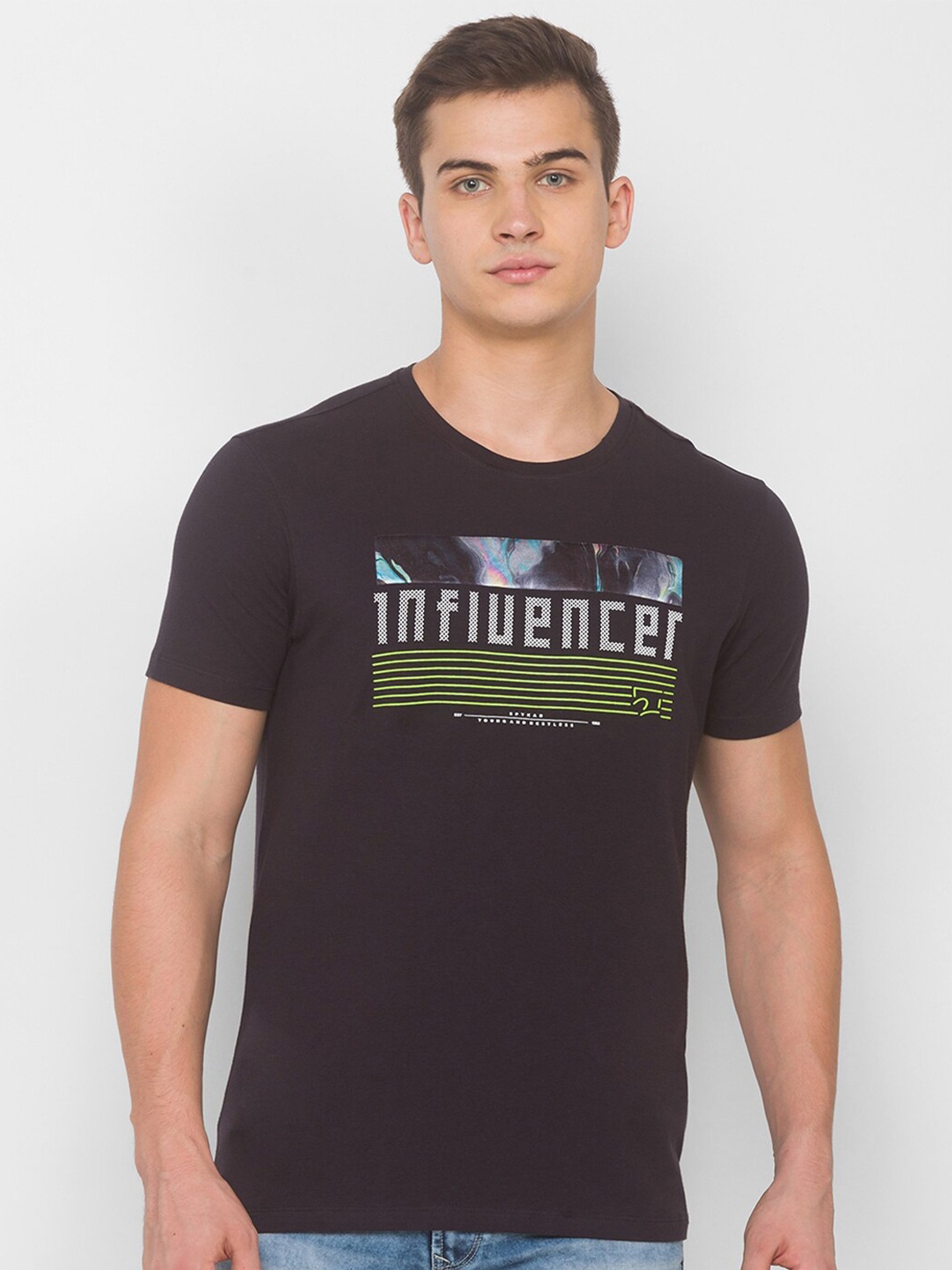 

SPYKAR Men Charcoal Grey & White Typography Printed Slim Fit T-shirt