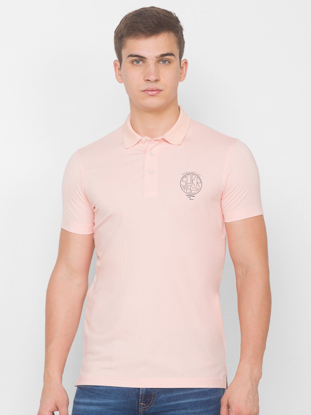 

SPYKAR Men Pink & Black Typography Printed Polo Collar Slim Fit T-shirt