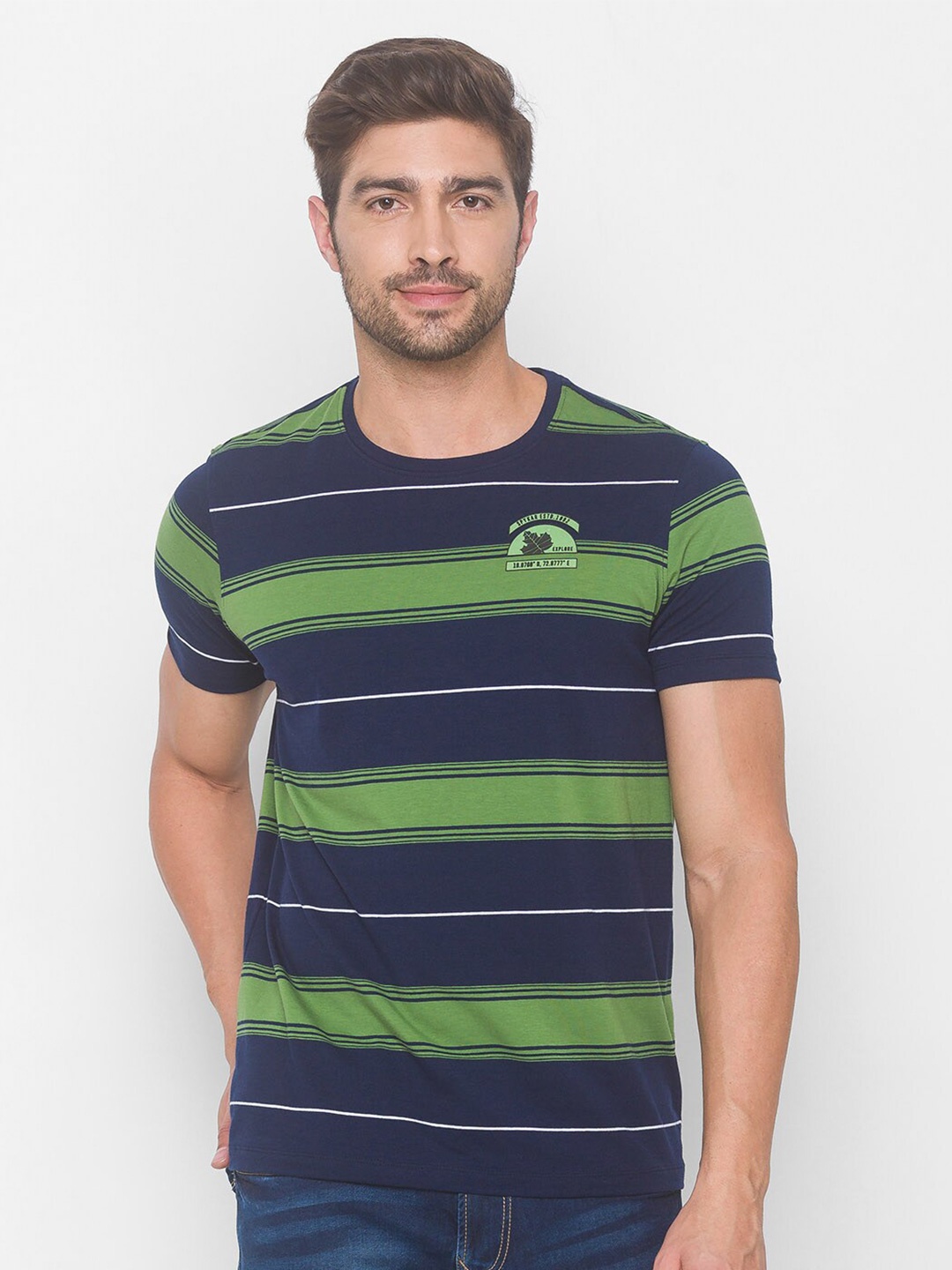 

SPYKAR Men Navy Blue & Green Striped Slim Fit T-shirt