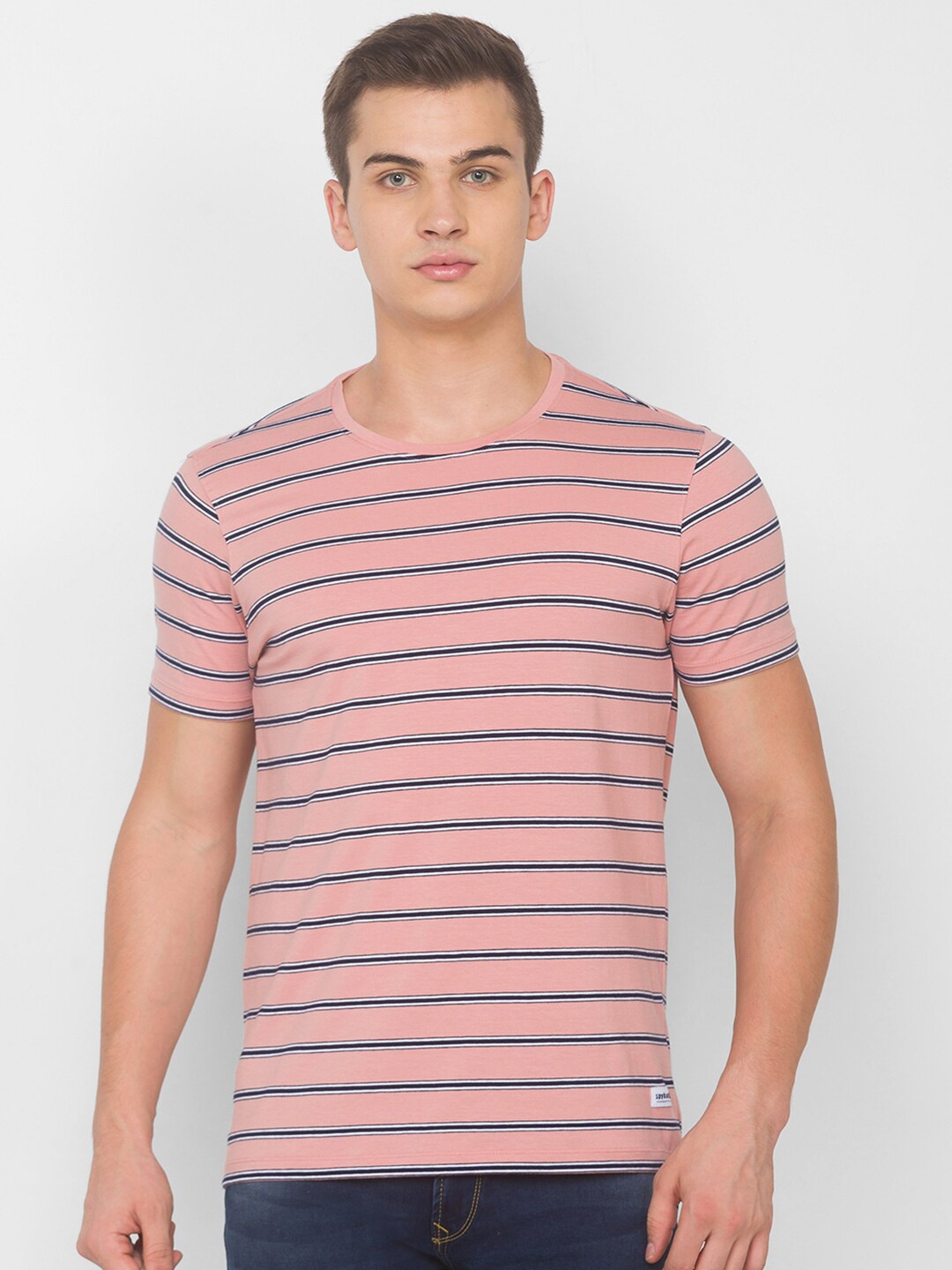 

SPYKAR Men Pink Striped Pockets Slim Fit T-shirt