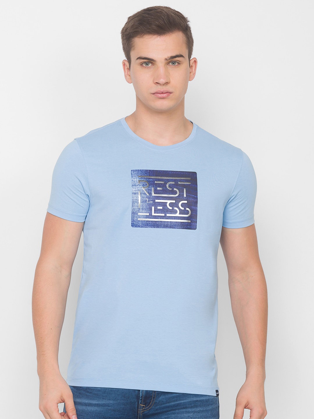 

SPYKAR Men Blue & Silver-Toned Typography Printed Slim Fit T-shirt