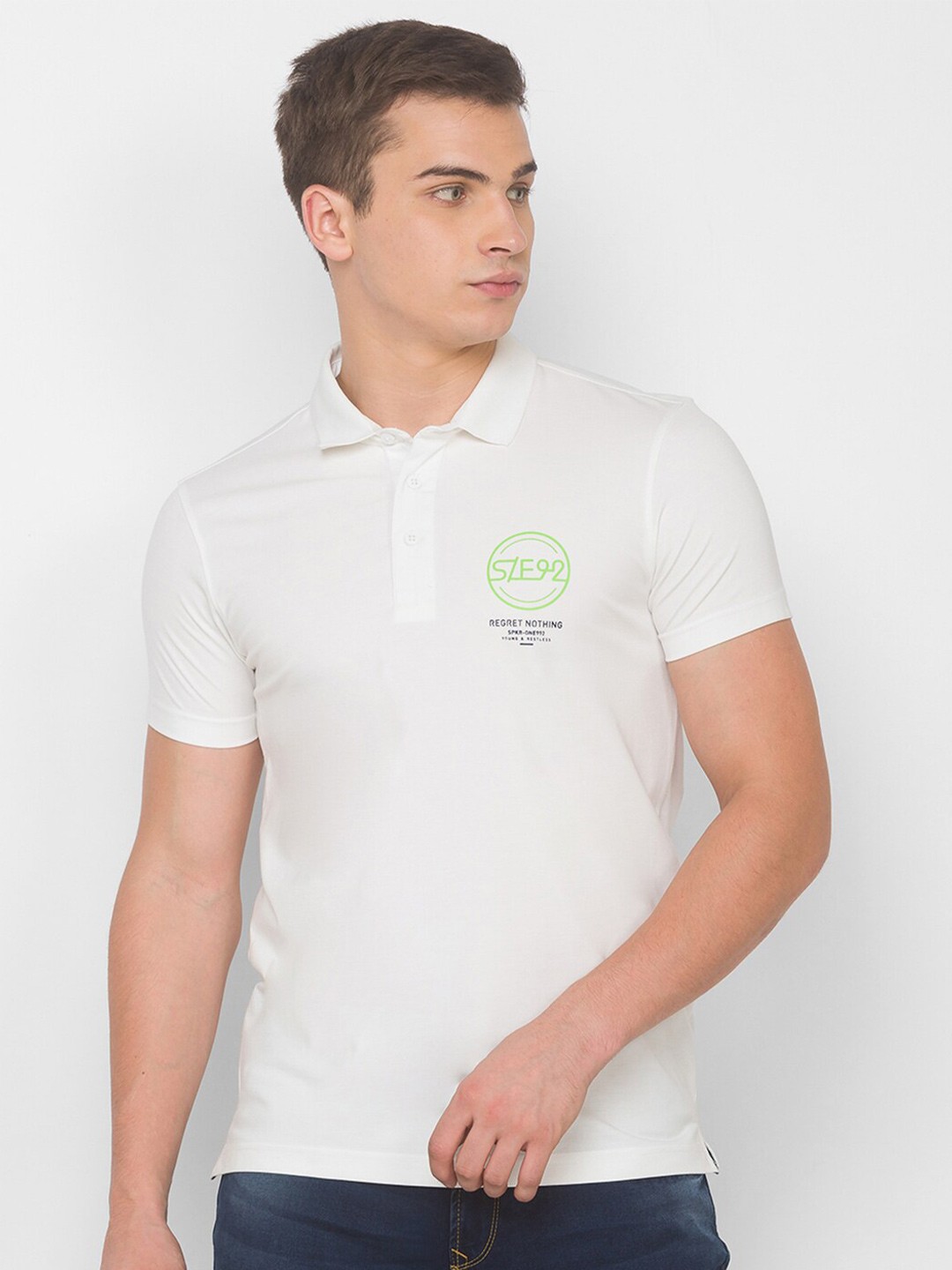 

SPYKAR Men White Polo Collar Applique Slim Fit T-shirt