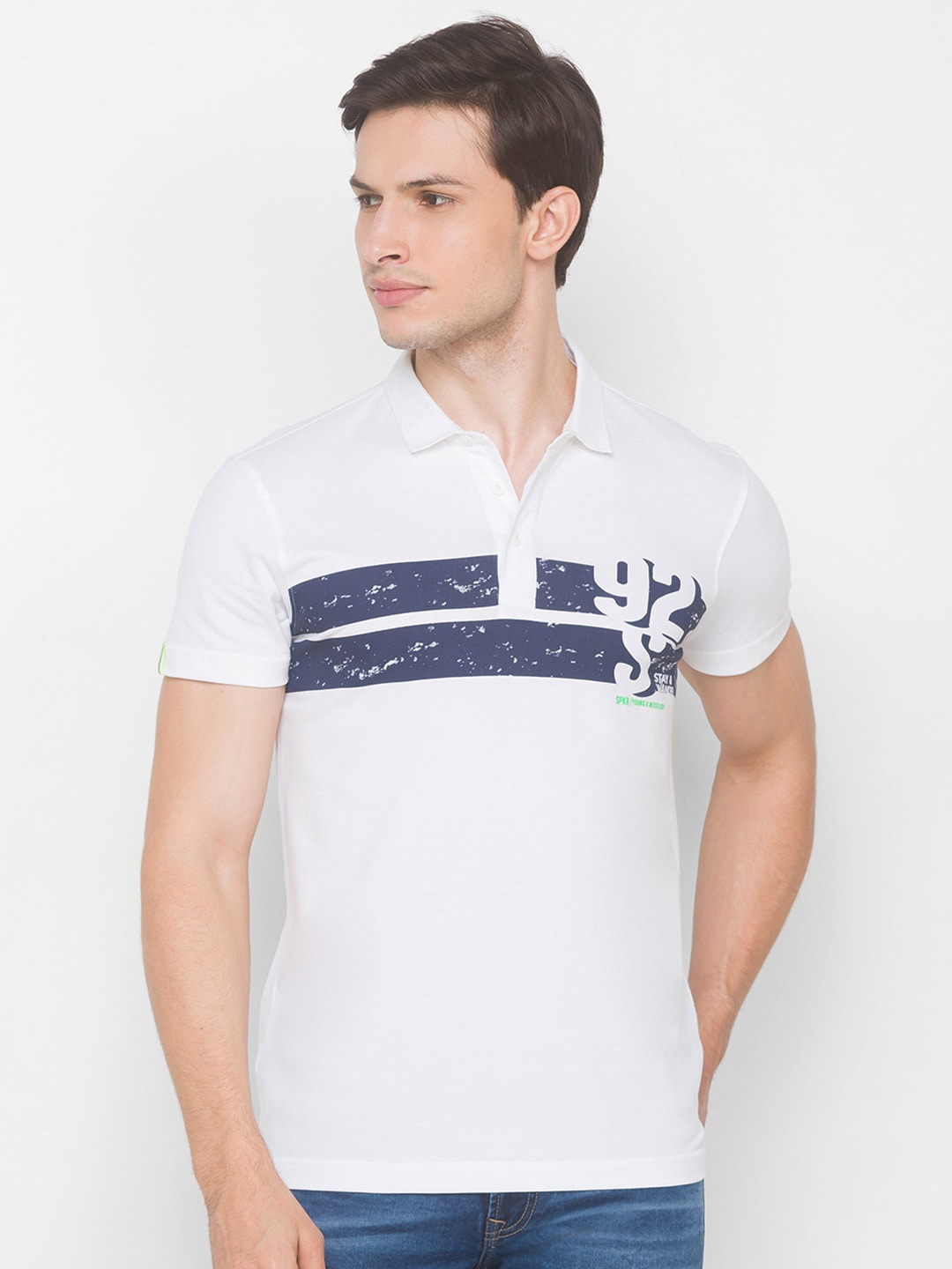 

SPYKAR Men White & Blue Printed Polo Collar Slim Fit T-shirt