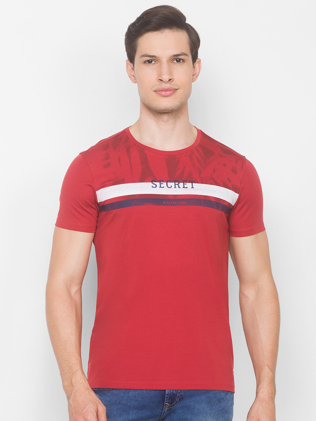 

SPYKAR Men Orange & White Striped Applique Slim Fit T-shirt