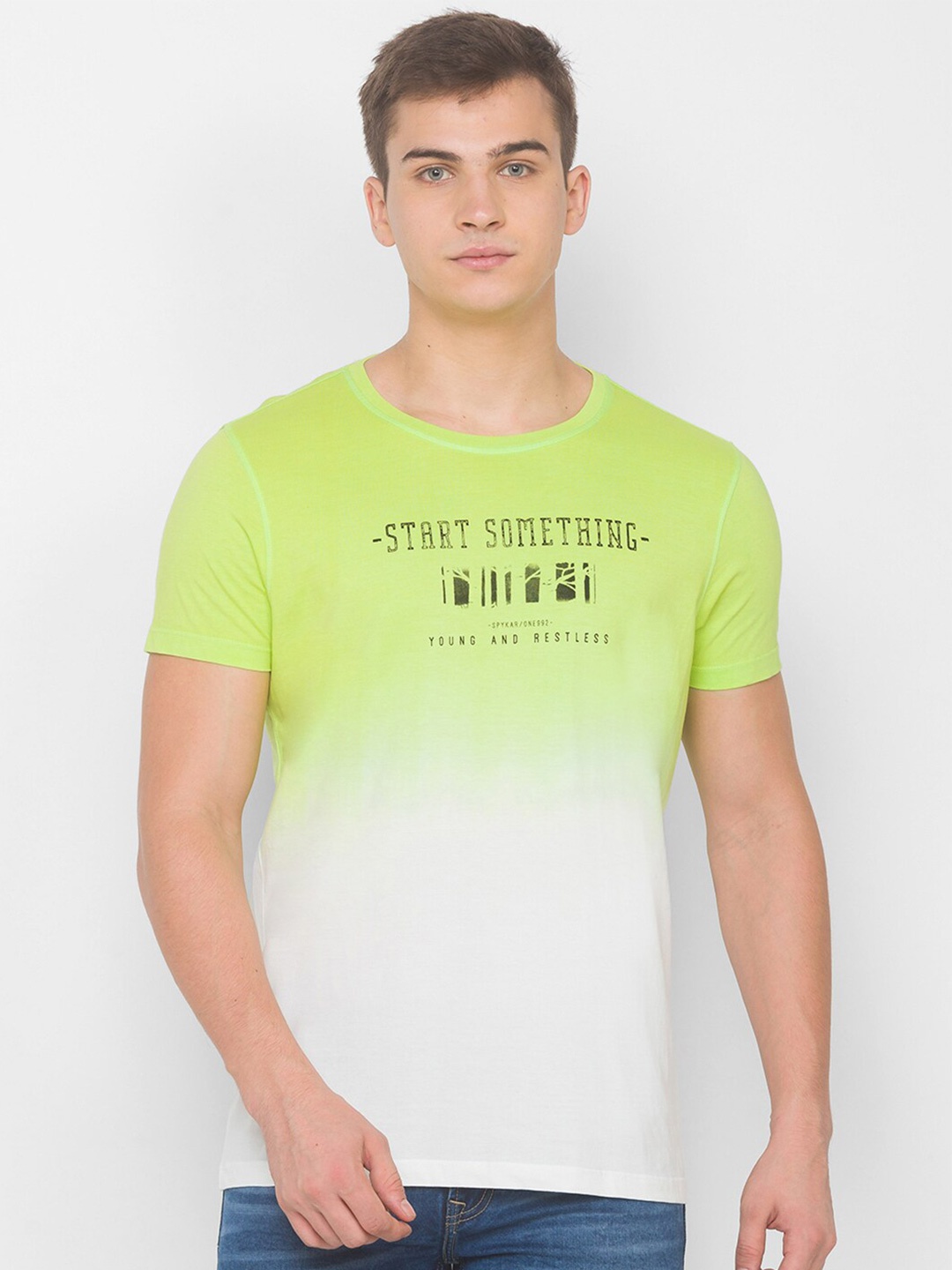 

SPYKAR Men Lime Green & White Printed Slim Fit T-shirt