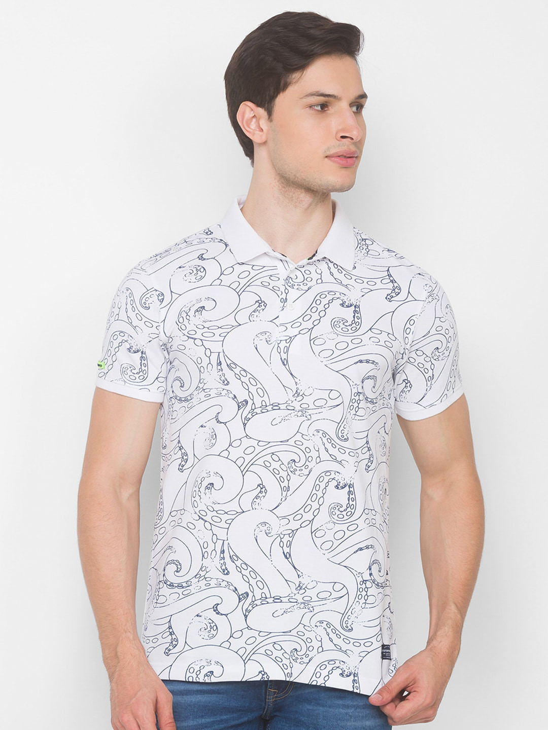 

SPYKAR Men White & Blue Printed Polo Collar Slim Fit Pure Cotton T-shirt