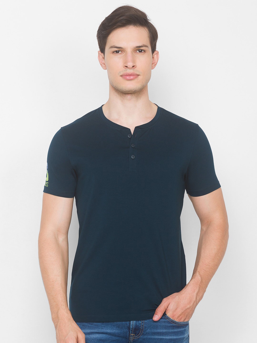 

SPYKAR Men Blue Henley Neck Pockets Slim Fit T-shirt
