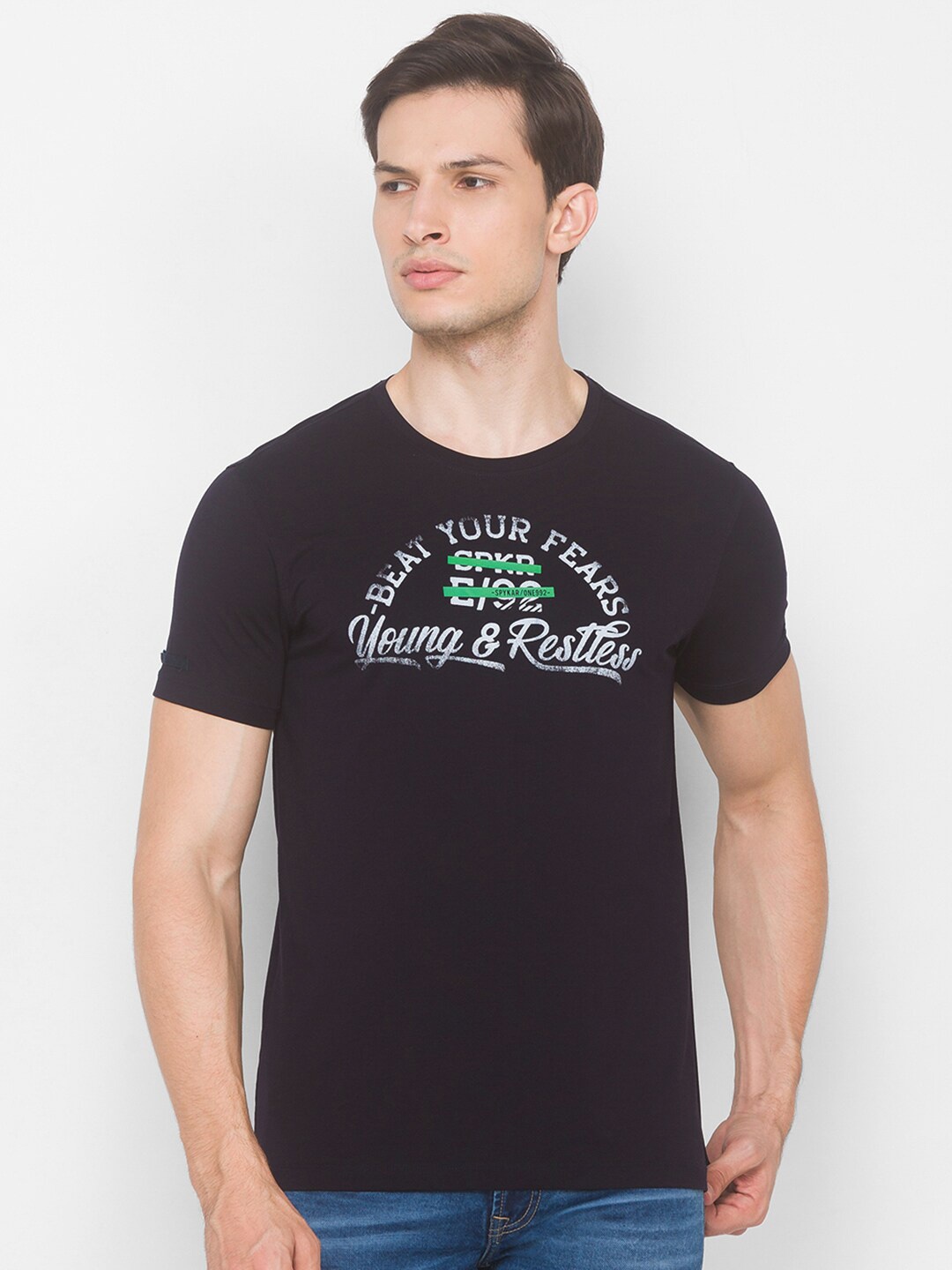 

SPYKAR Men Blue Typography Printed Pockets Slim Fit T-shirt