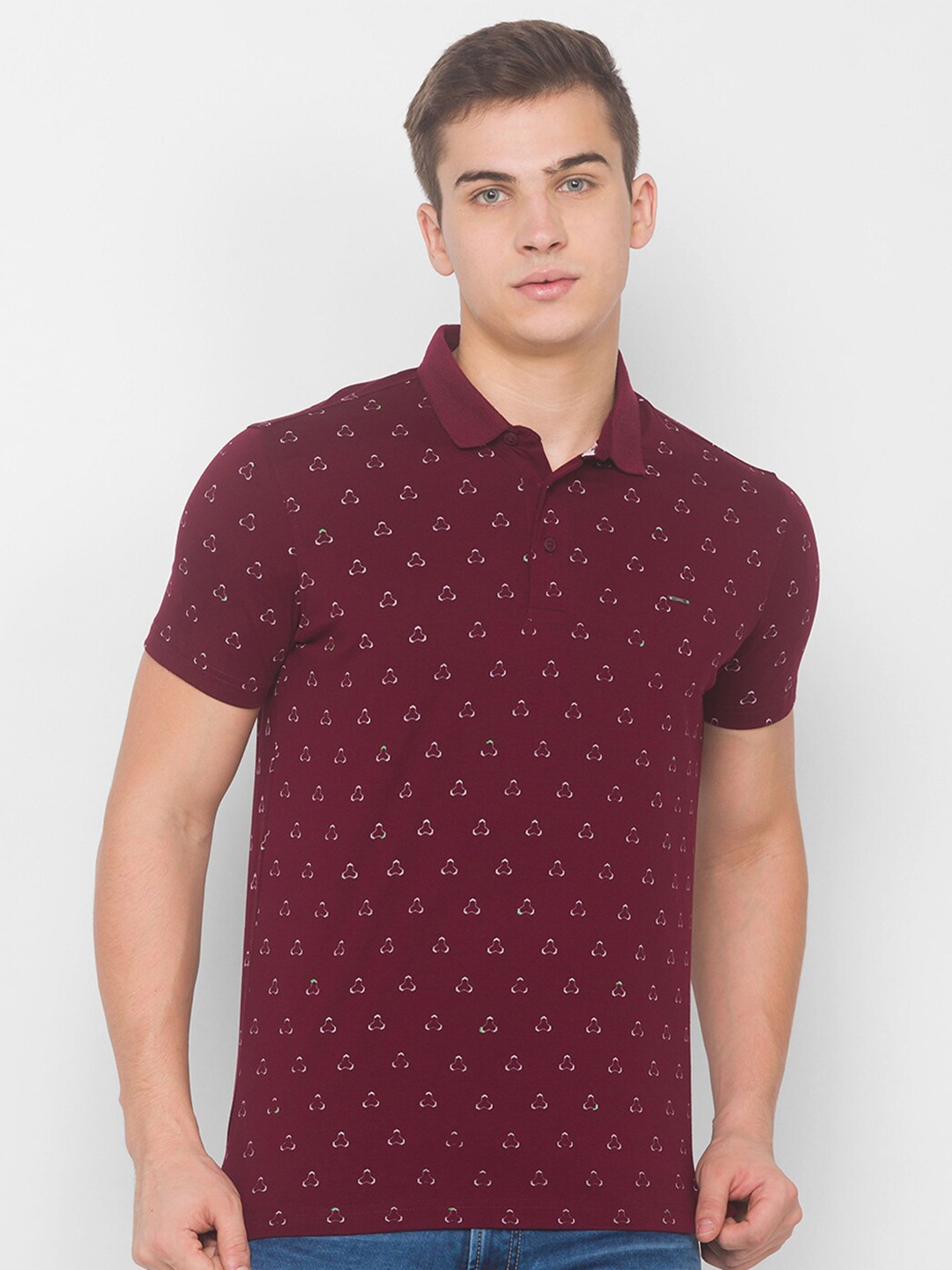 

SPYKAR Men Maroon & White Printed Polo Collar Slim Fit T-shirt