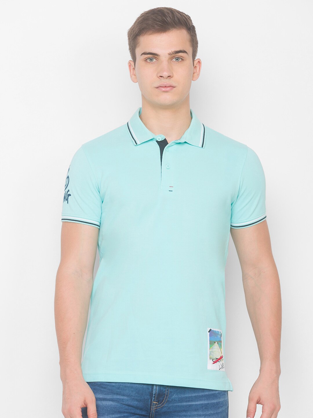 

SPYKAR Men Blue & White Solid Polo Collar Slim Fit Cotton T-shirt