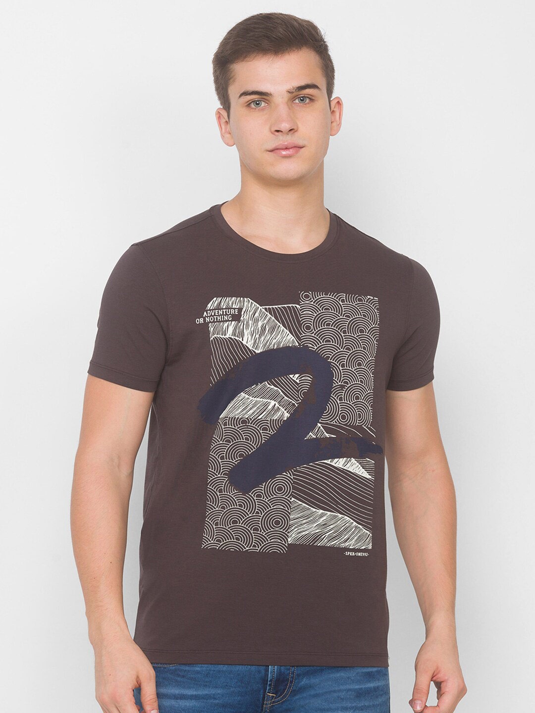 

SPYKAR Men Brown & White Printed Slim Fit T-shirt