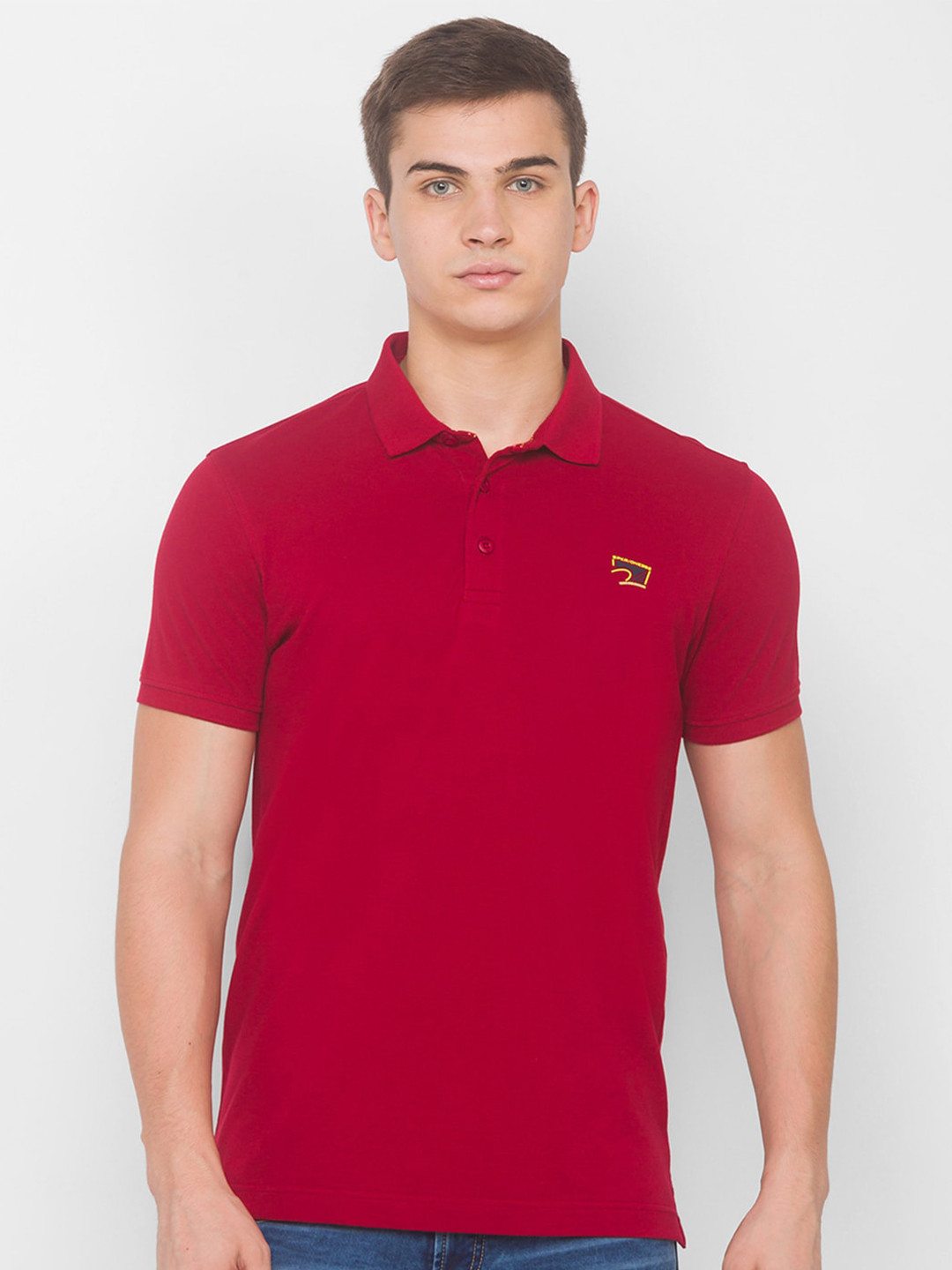 

SPYKAR Men Red Polo Collar Applique Pure Cotton Slim Fit T-shirt