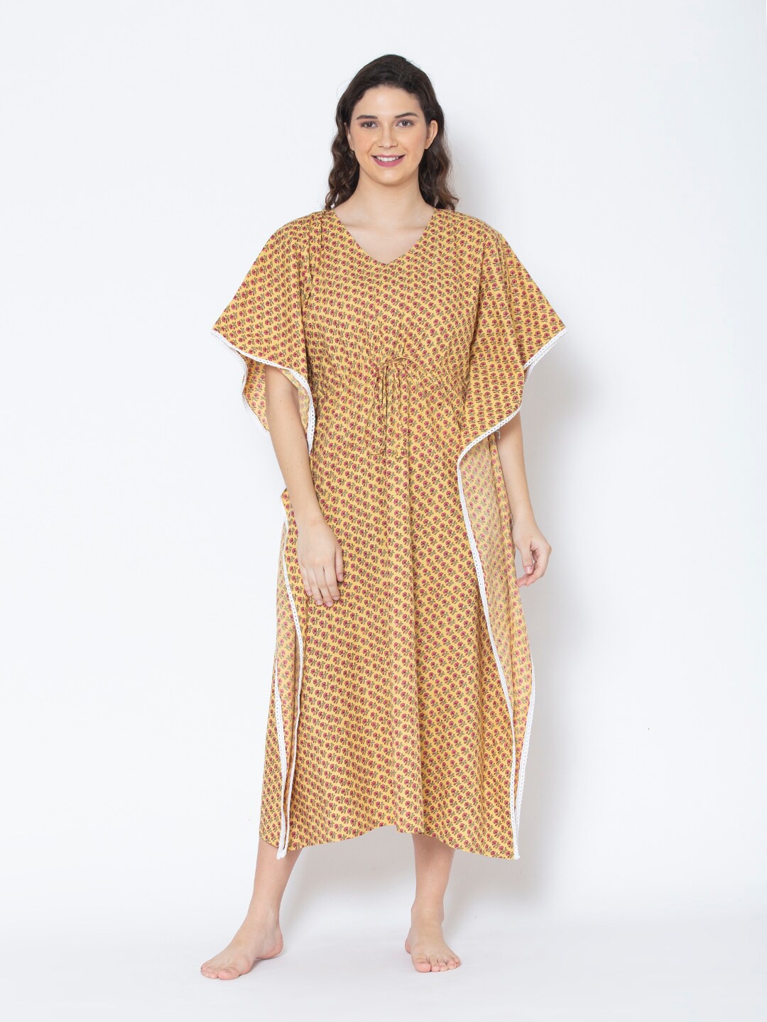 

ETC Women Yellow Printed Cotton Kaftan Night Dress