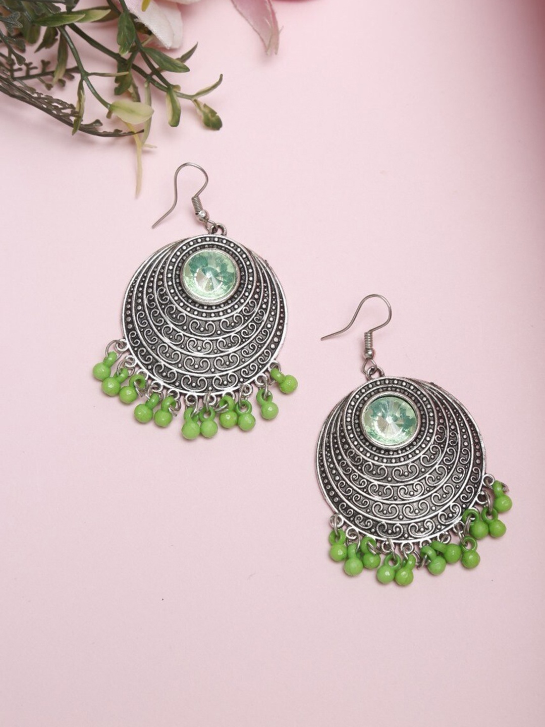 

NEUDIS Green & Oxidised Silver-Toned Mirror Work Antique Drop Earrings