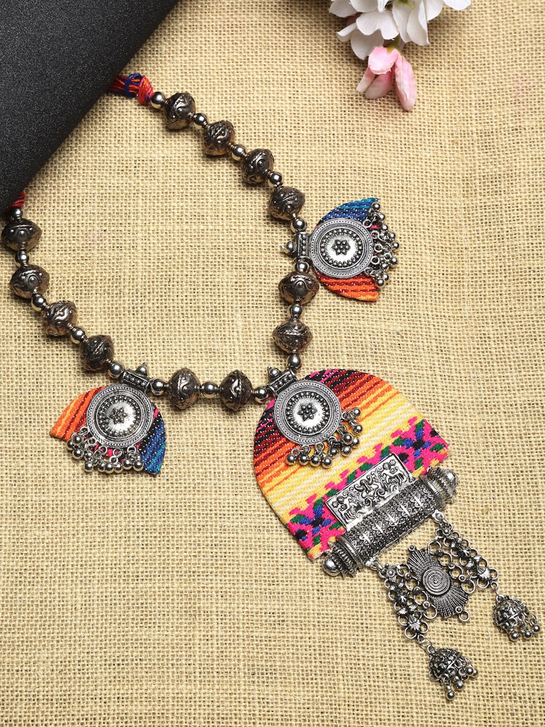 

NEUDIS Silver-Toned & Orange Silver-Plated Afghani Necklace