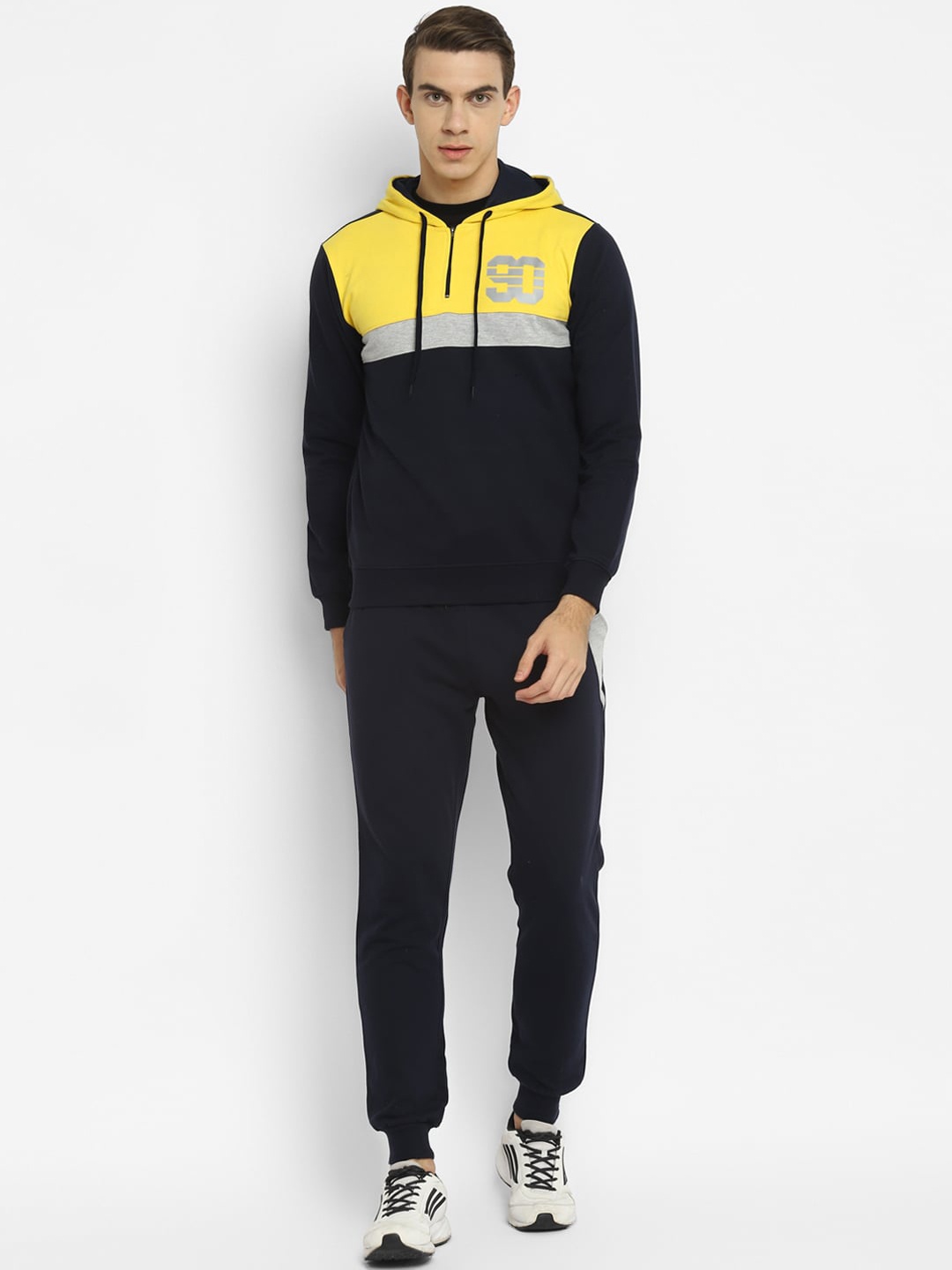 

OFF LIMITS Men Navy Blue & Yellow Colourblocked Hooded Tracksuit