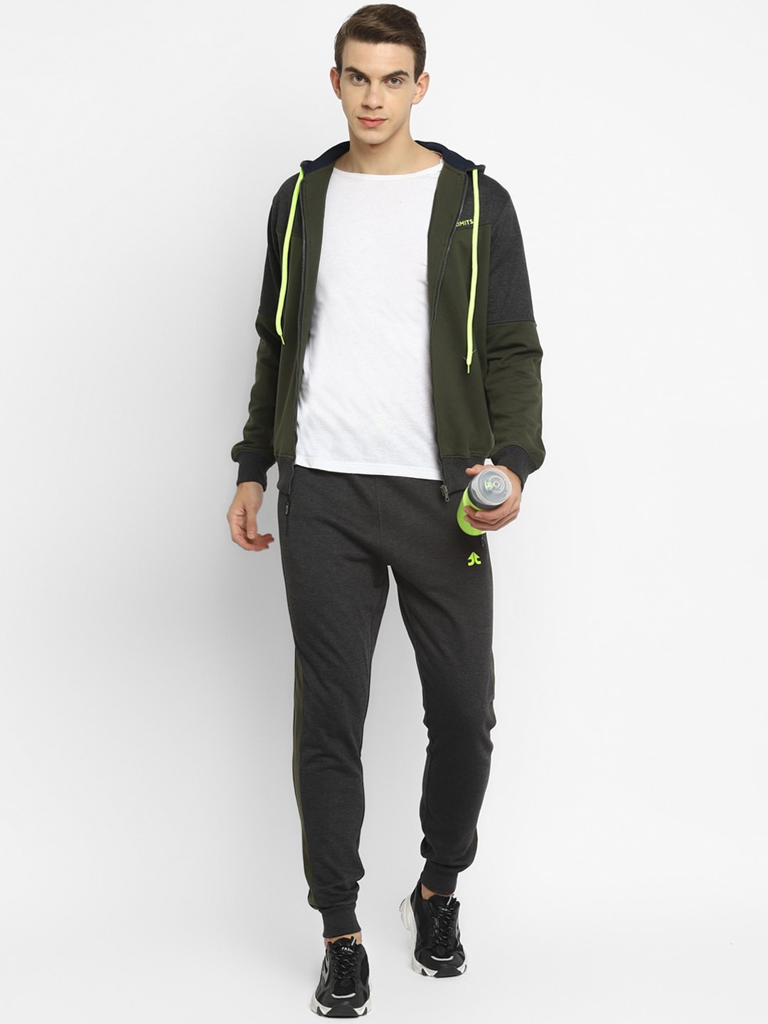 

OFF LIMITS Men Olive Green & Grey Colourblocked Hooded Tracksuit