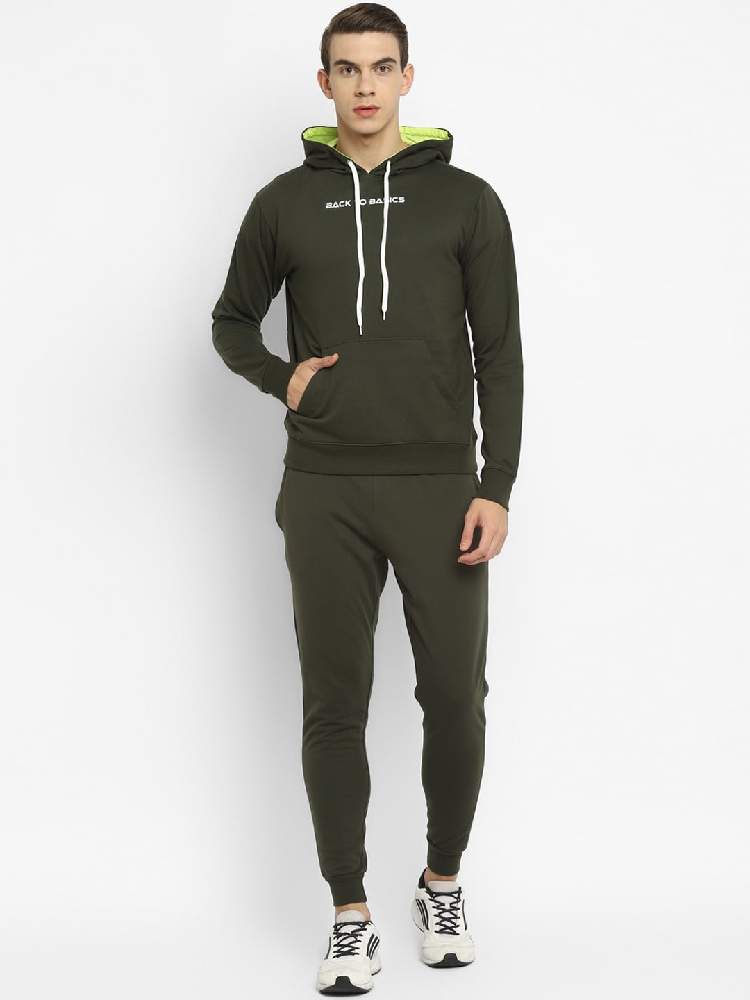 

OFF LIMITS Men Olive Green Solid Hooded Tracksuit