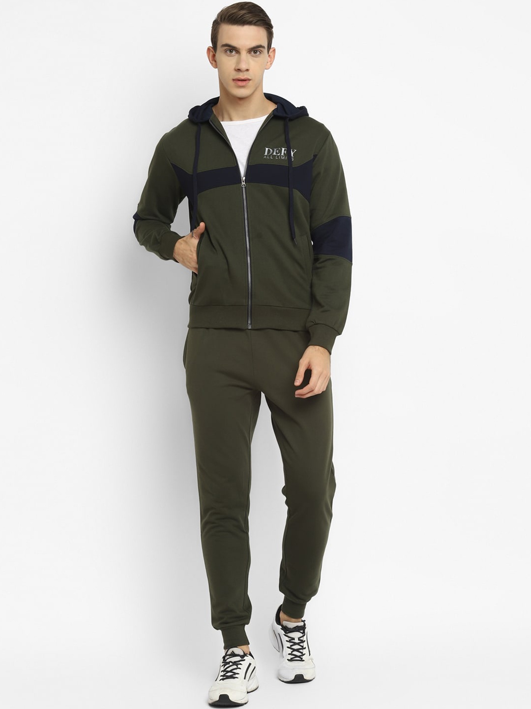 

OFF LIMITS Men Olive Green & Blue Colourblocked Hooded Tracksuit