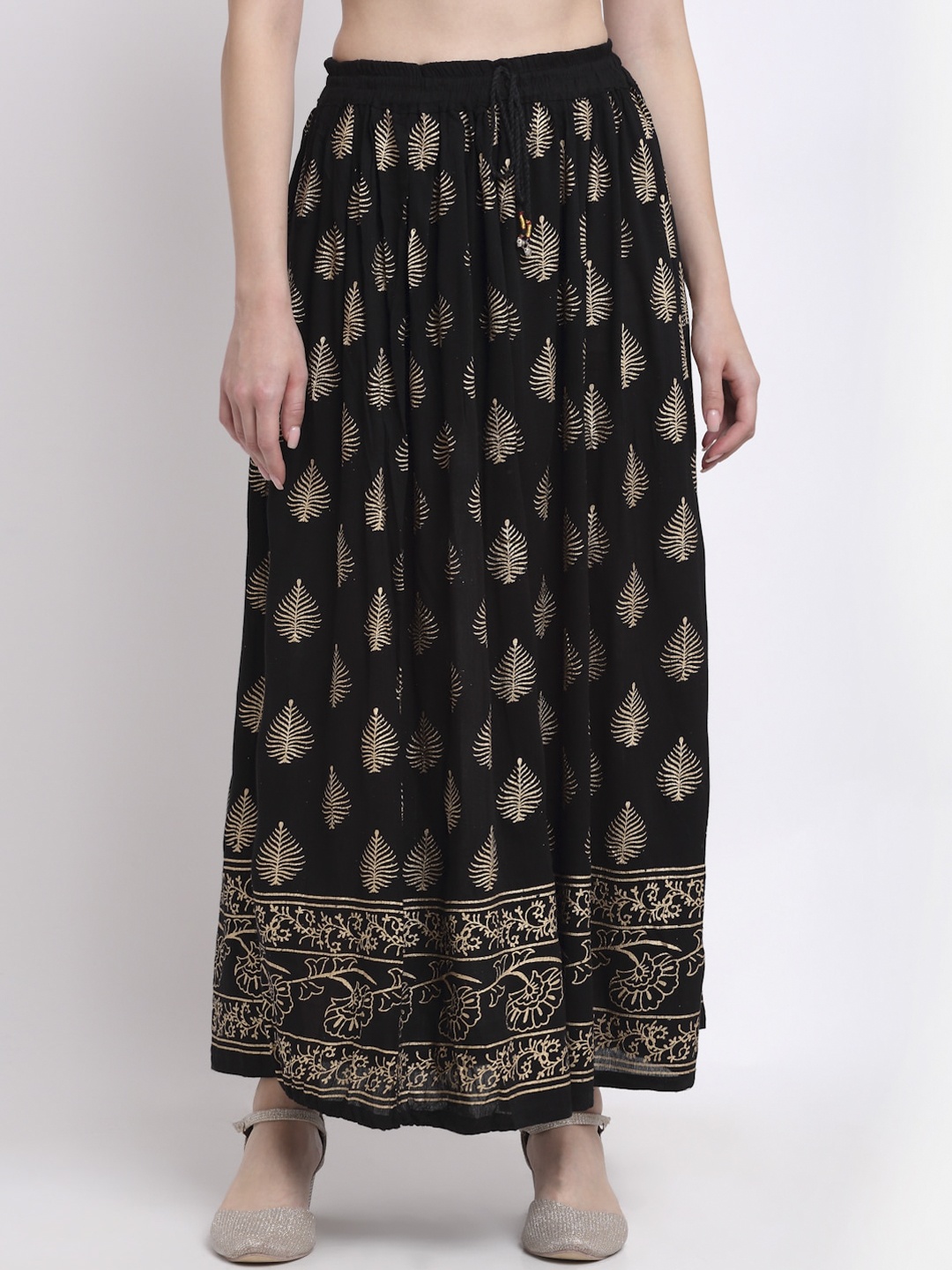 

SOUNDARYA Women Black & Gold-Coloured Printed Pure Cotton Maxi Skirt