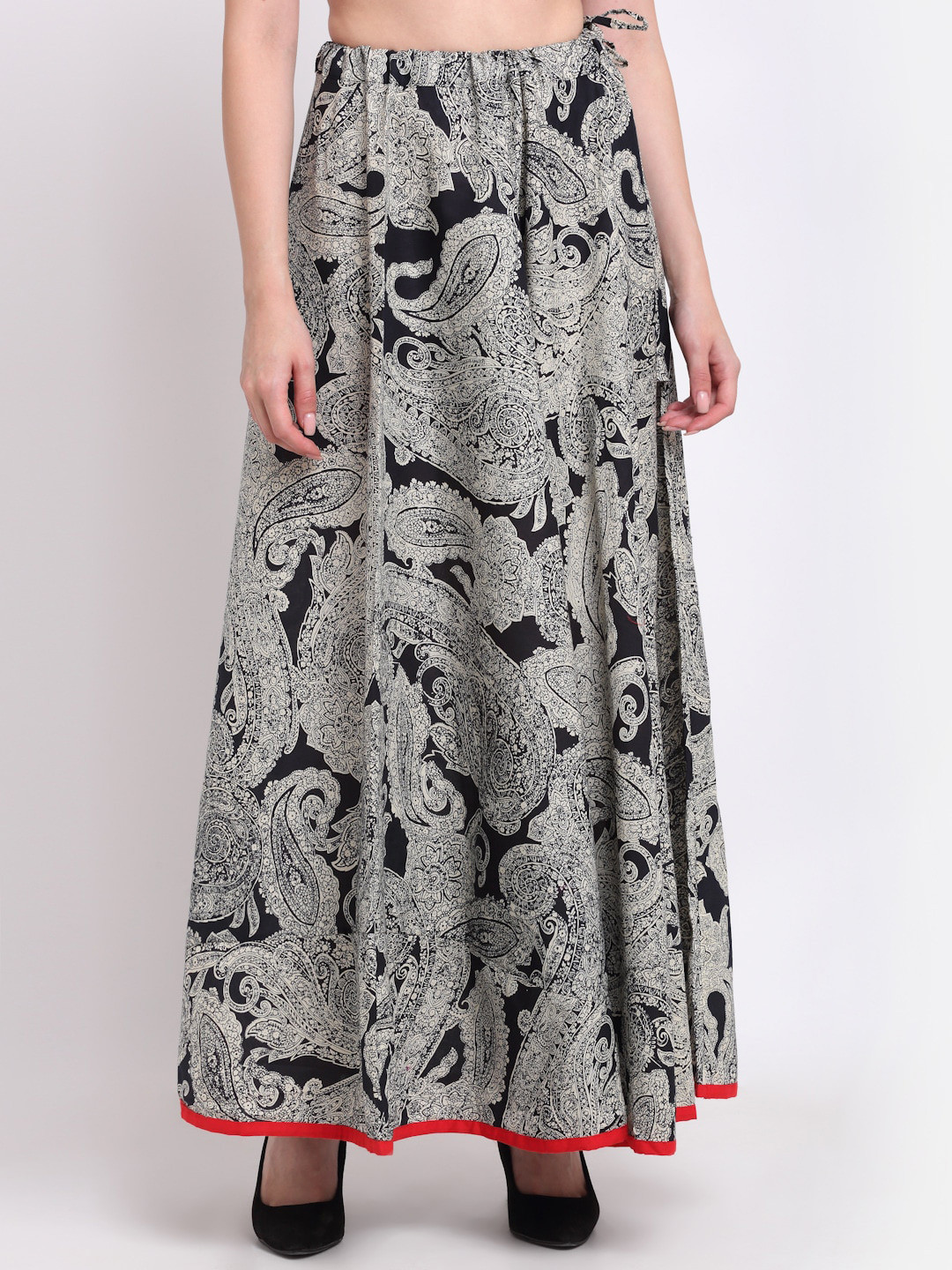 

SOUNDARYA Women Black & White Paisley Printed Cotton Flared Maxi Skirt