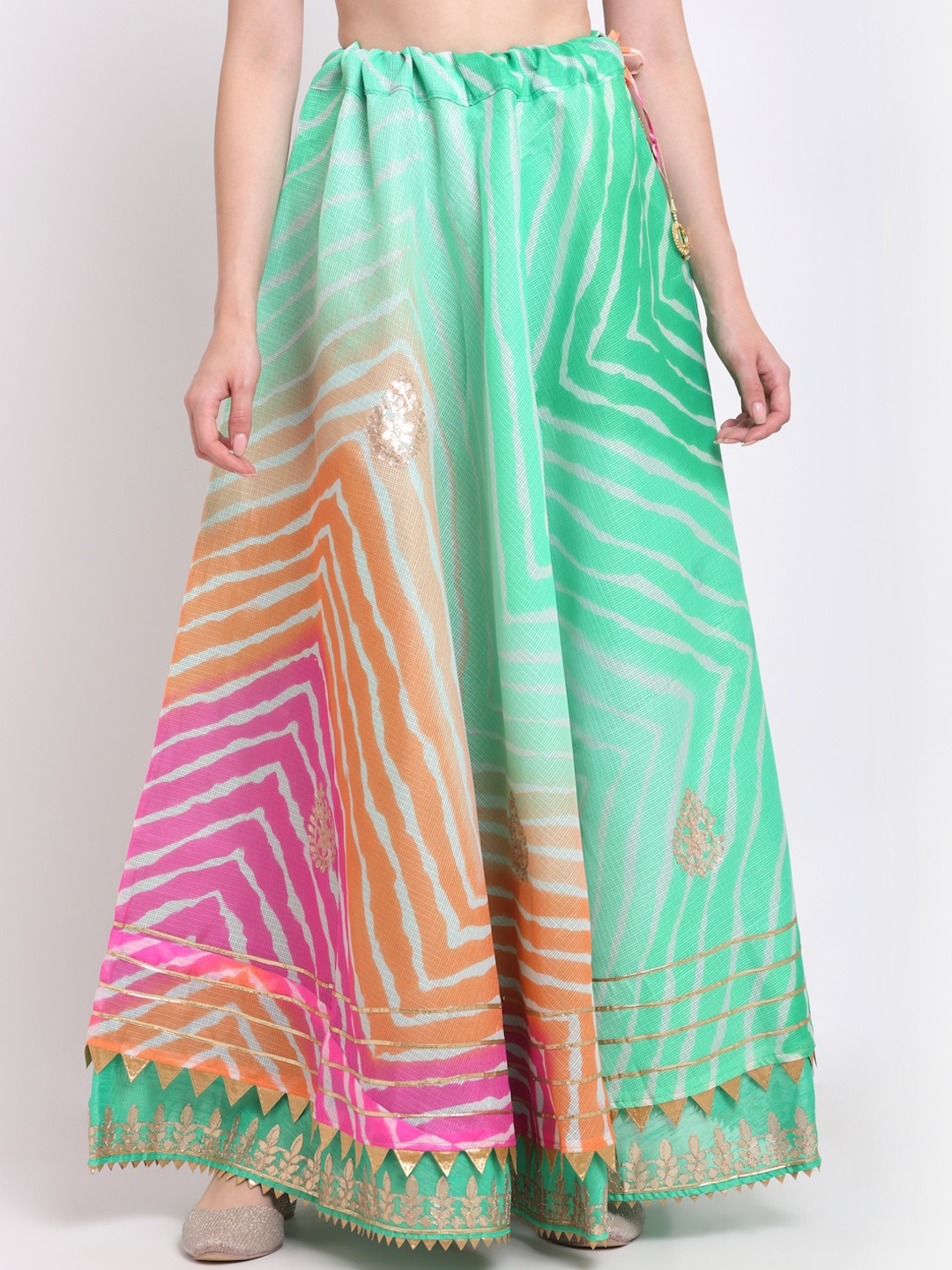 

SOUNDARYA Women Green & Orange Striped Flared Maxi Skirt