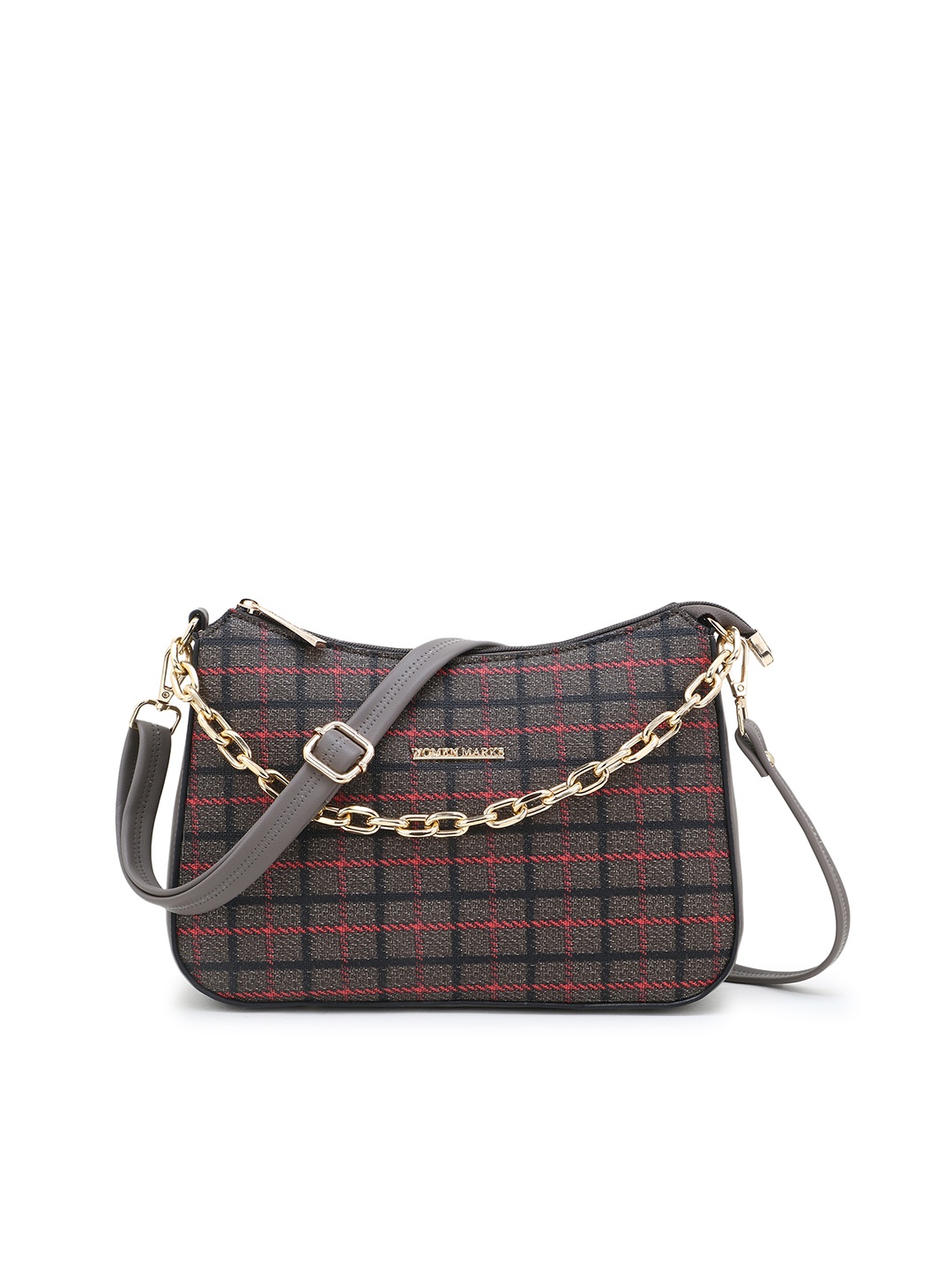 

WOMEN MARKS Brown & Grey Checked PU Structured Shoulder Bag