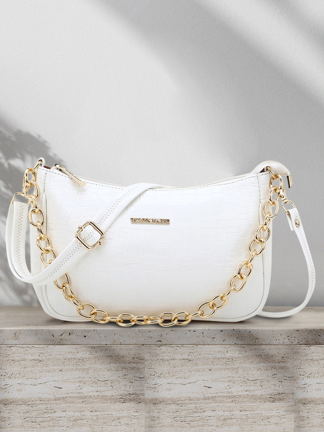 

WOMEN MARKS White Croco Textured PU Structured Sling Bag