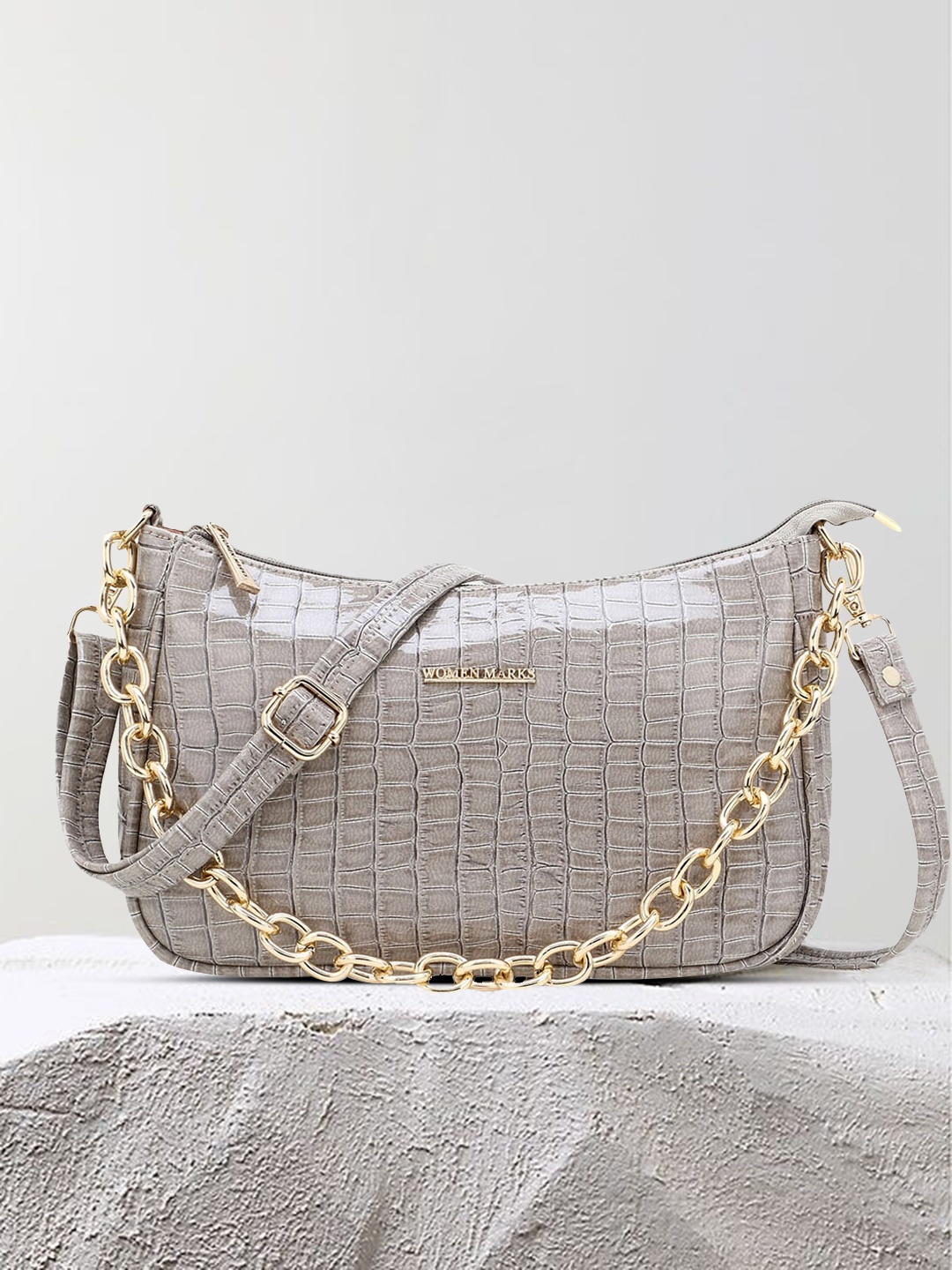 

WOMEN MARKS Grey Animal Textured PU Structured Sling Bag with Quilted