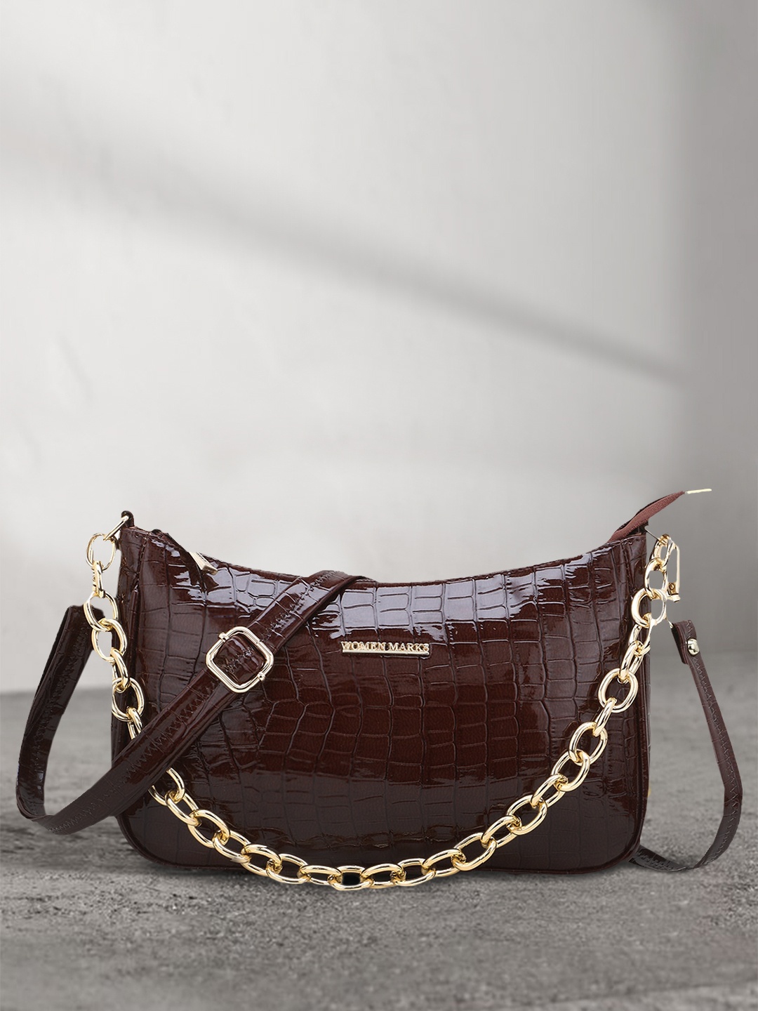 

WOMEN MARKS Coffee Brown Croc Textured Structured Sling Bag