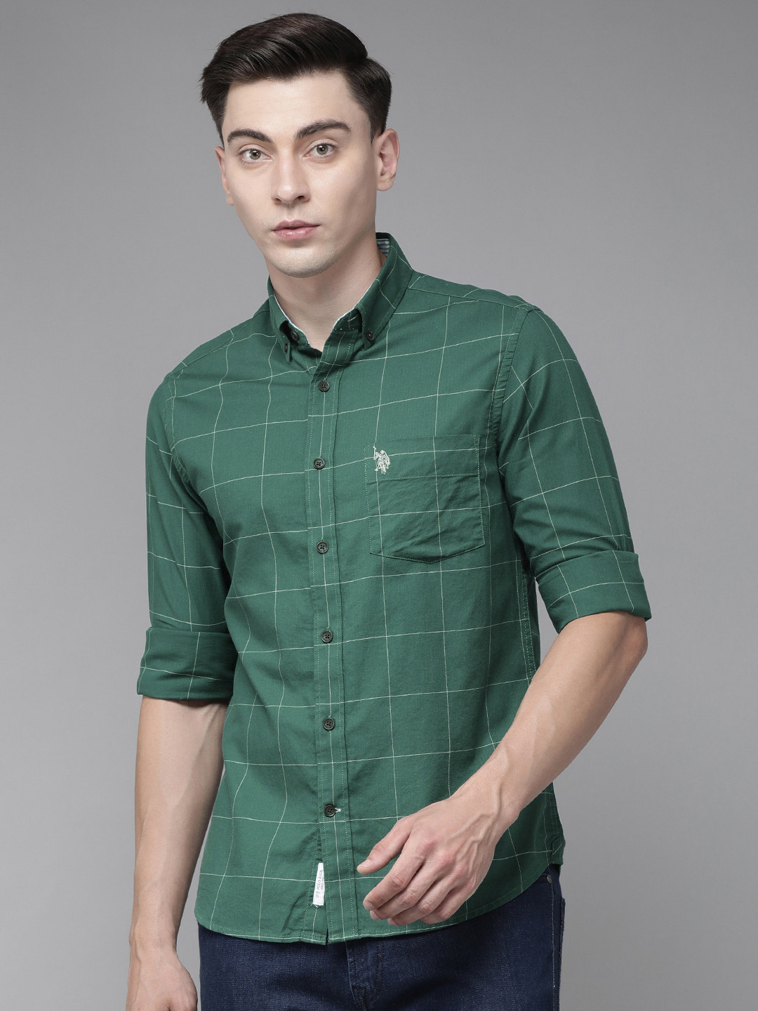 

U.S. Polo Assn. Men Green Tailored Fit Checked Pure Cotton Casual Shirt