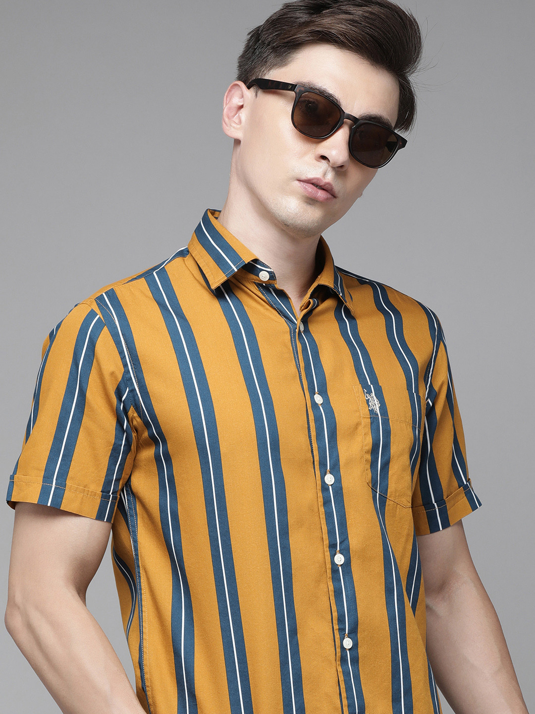 

U S Polo Assn Men Orange Tailored Fit Striped Casual Shirt