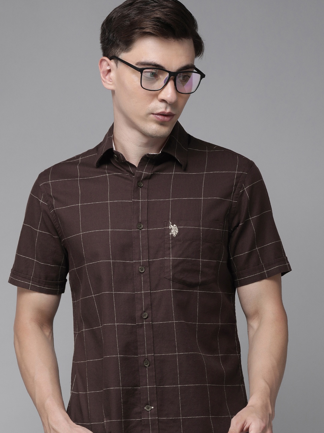 

U S Polo Assn Men Burgundy Tailored Fit Windowpane Checks Casual Shirt