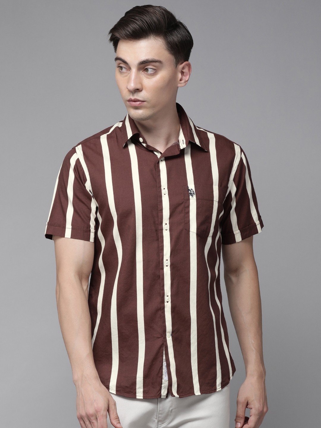 

U S Polo Assn Men Brown Tailored Fit Striped Casual Shirt