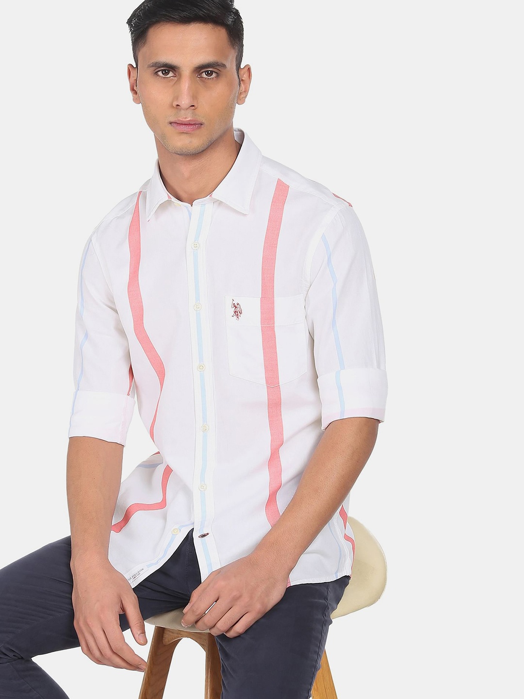 

U S Polo Assn Men White & Red Tailored Fit Striped Pure Cotton Casual Shirt