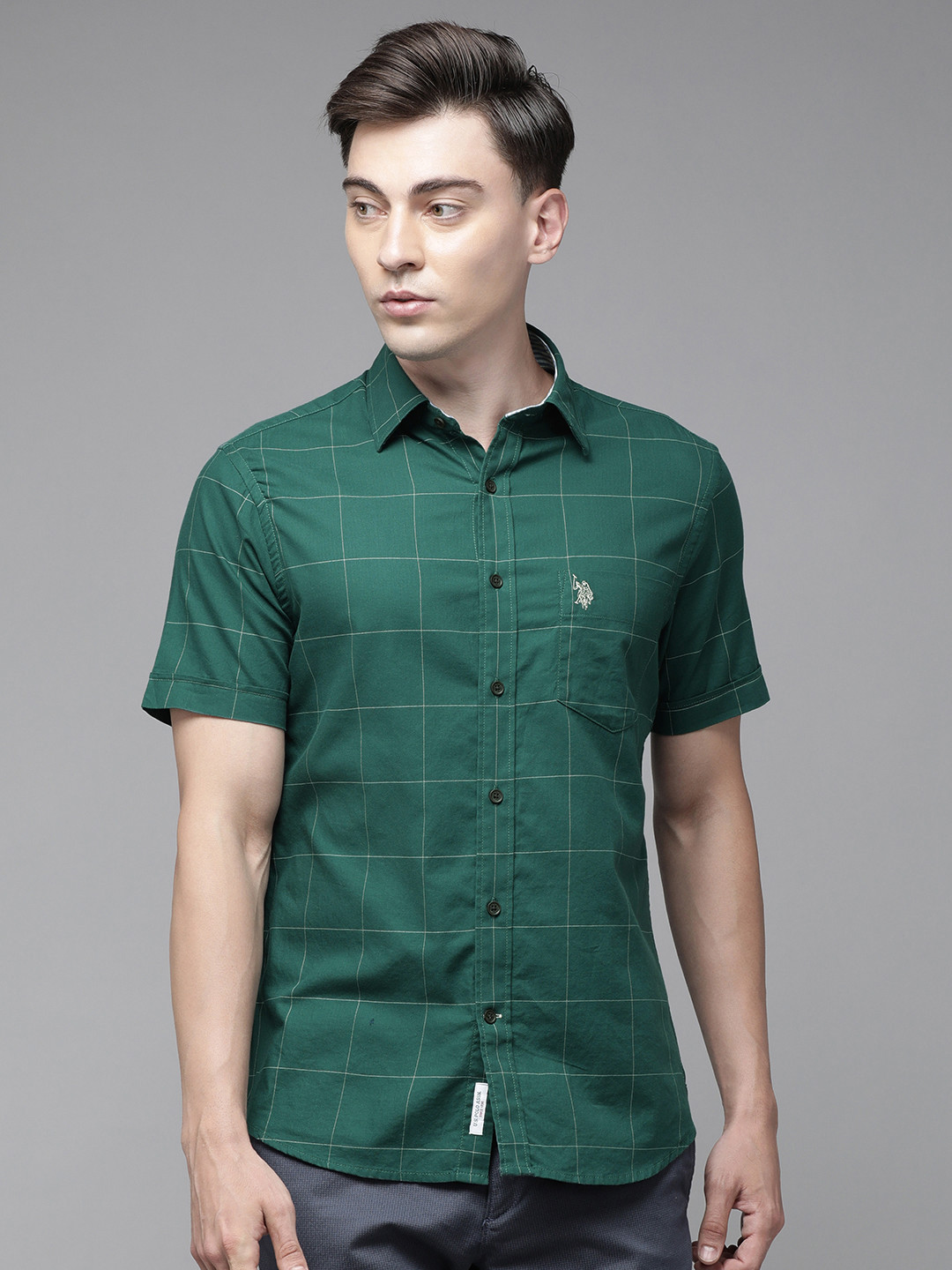 

U.S. Polo Assn. Men Green Tailored Fit Checked Pure Cotton Casual Shirt
